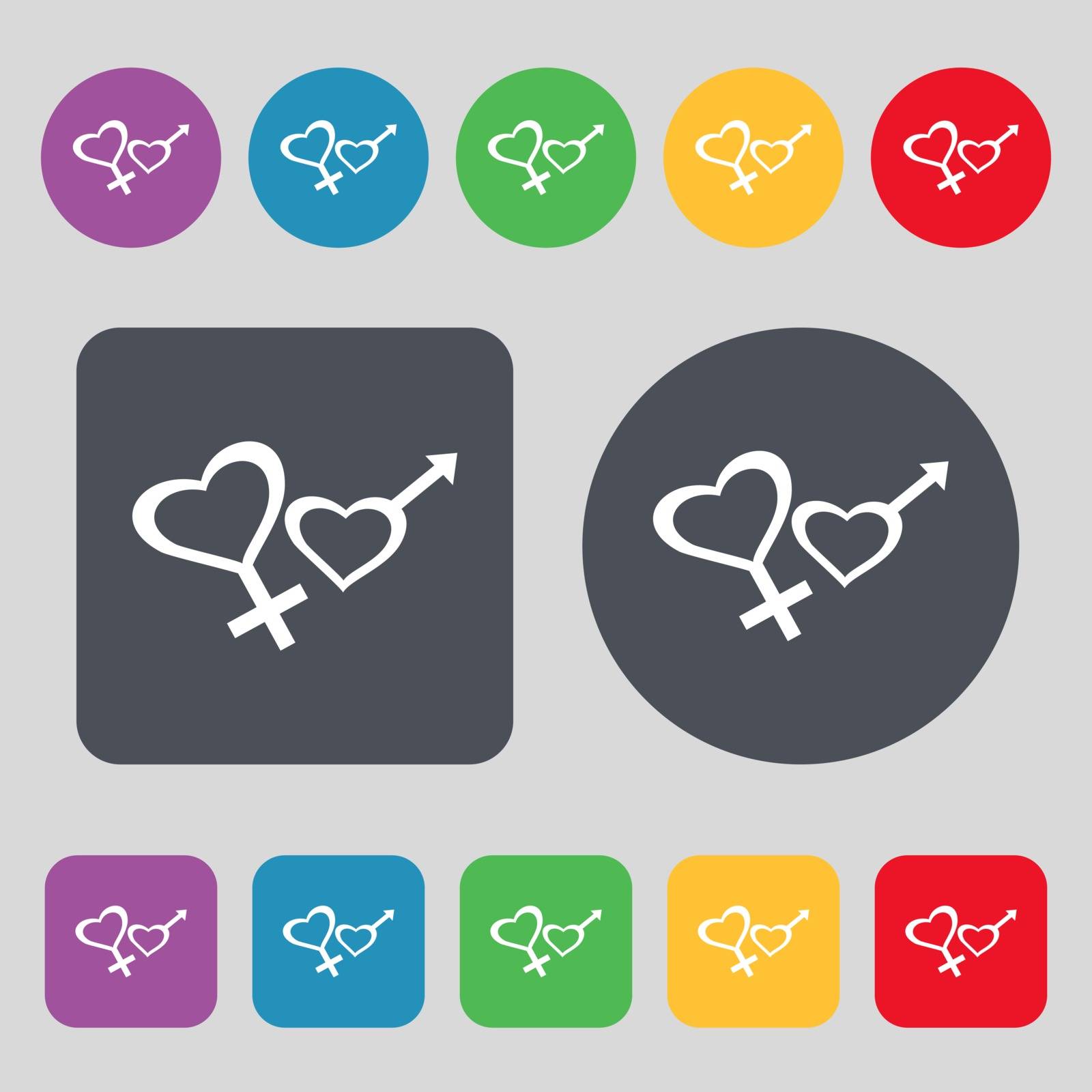 Male and female icon sign. A set of 12 colored buttons. Flat design. Vector illustration