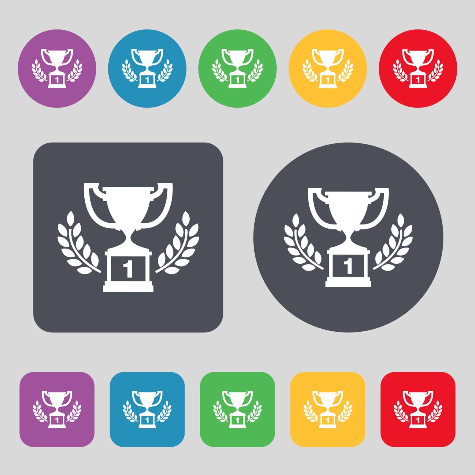 Champions cup, Trophy icon sign. A set of 12 colored buttons. Flat design. Vector by serhii_lohvyniuk