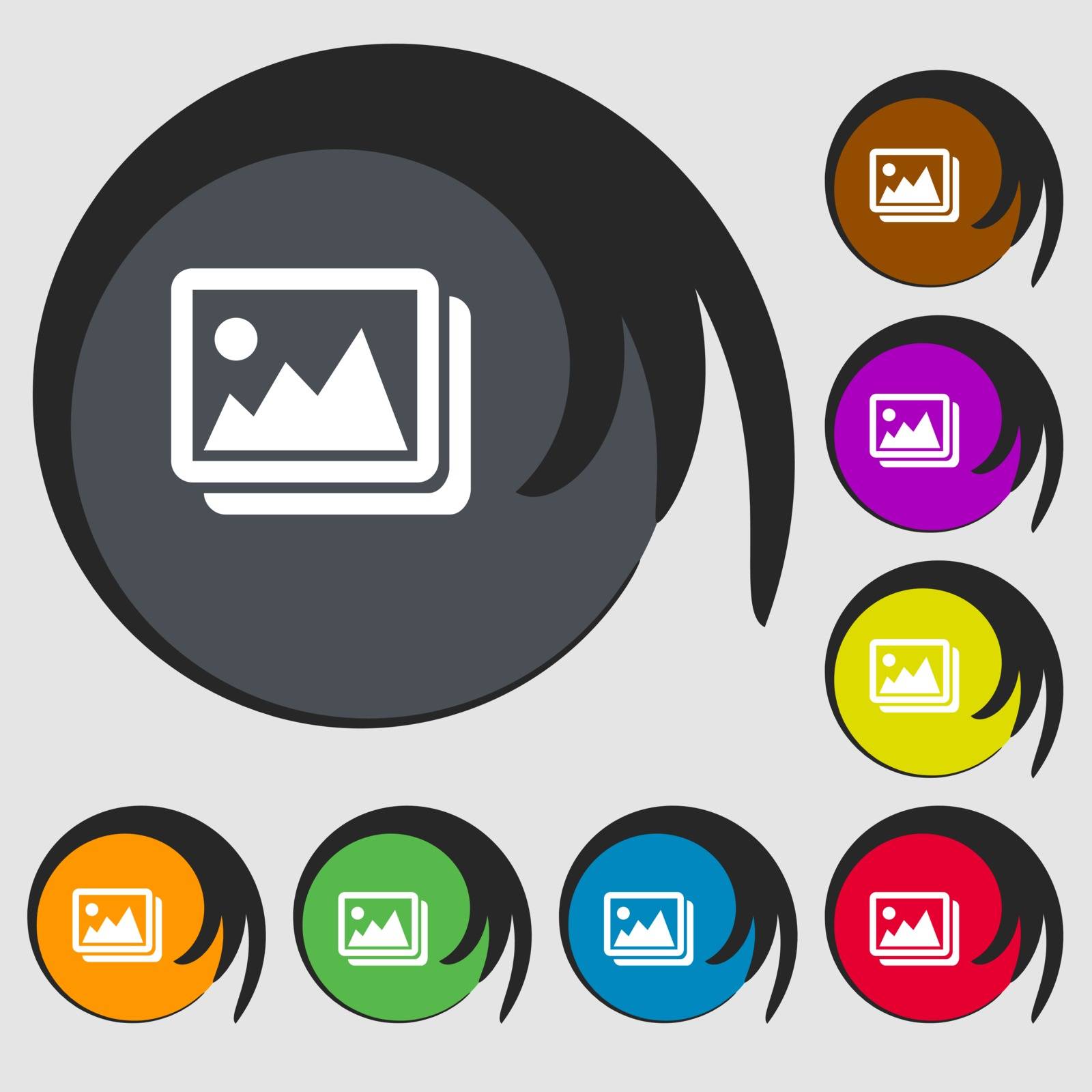 images, jpeg, photograph sign icon. Symbols on eight colored buttons. Vector illustration