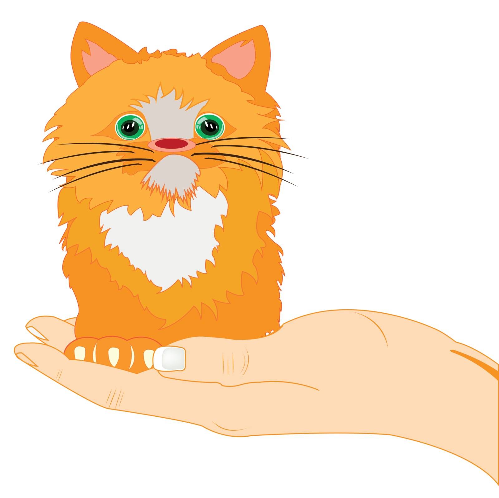The Small redhead kitty on palm of the person.Vector illustration