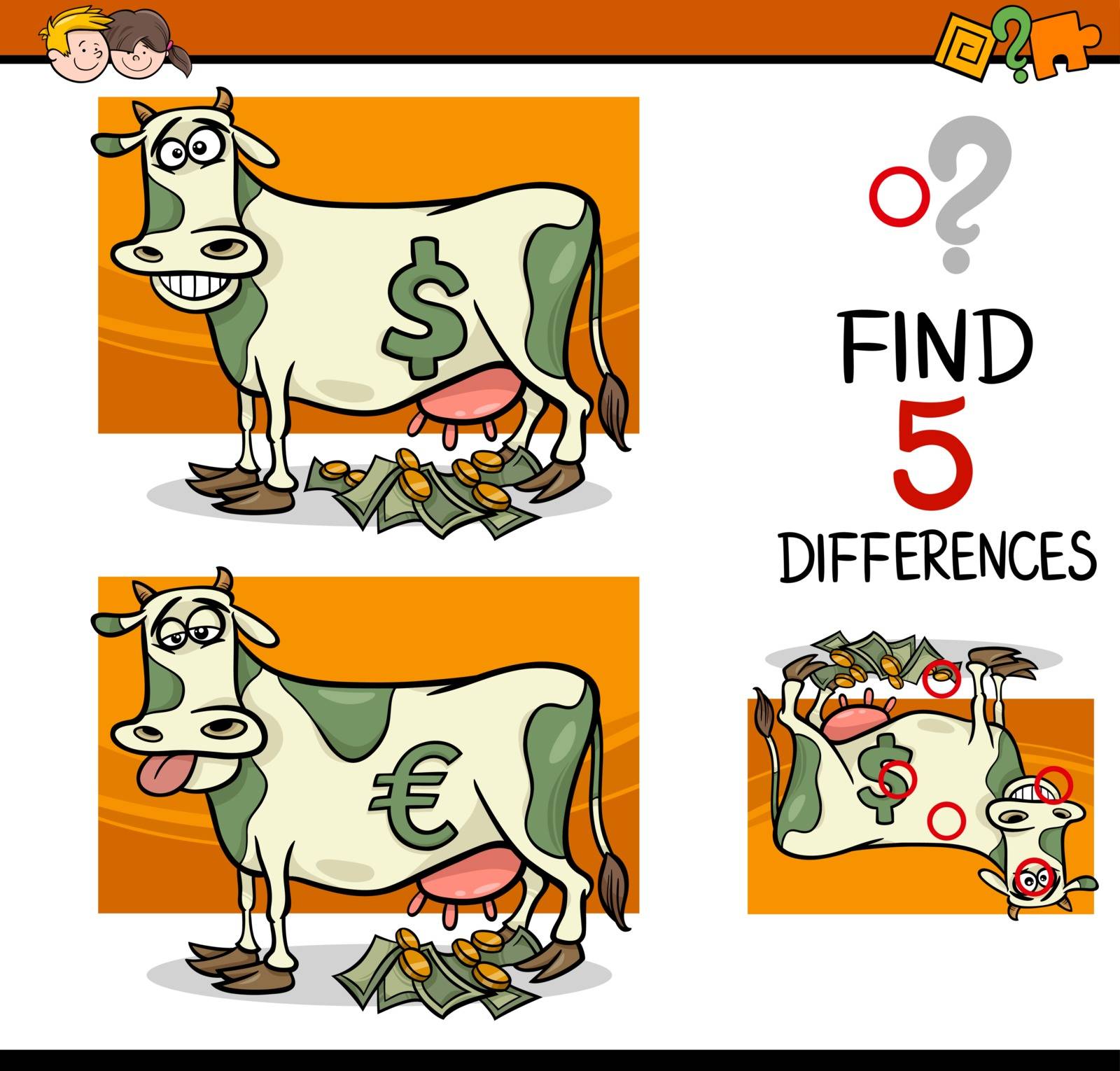 Cartoon Illustration of Finding Differences Educational Activity Task for Preschool Children with Cash Cow Saying