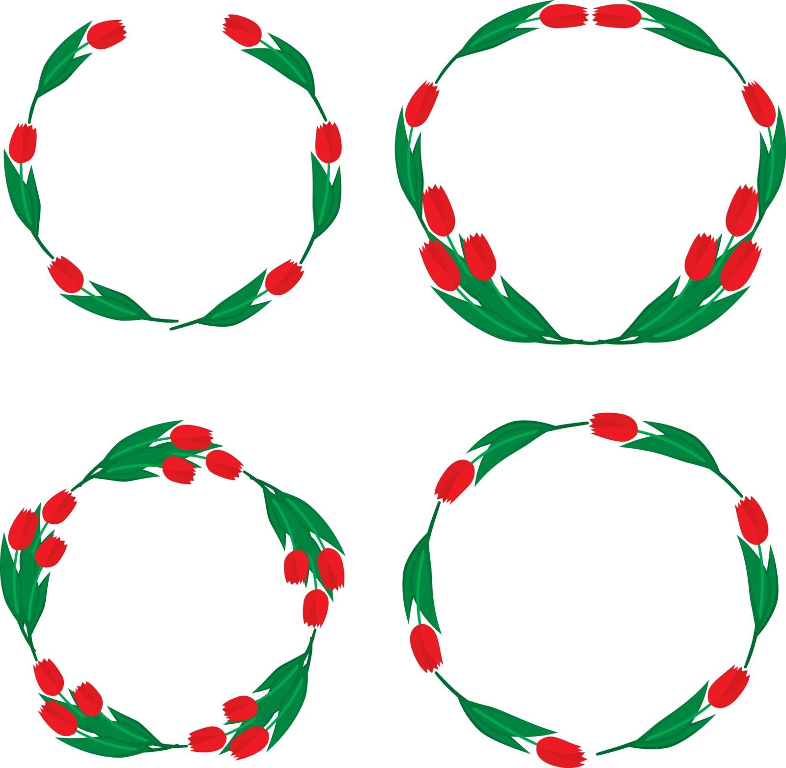 Illustration of four illustrated wreaths made of red tulips