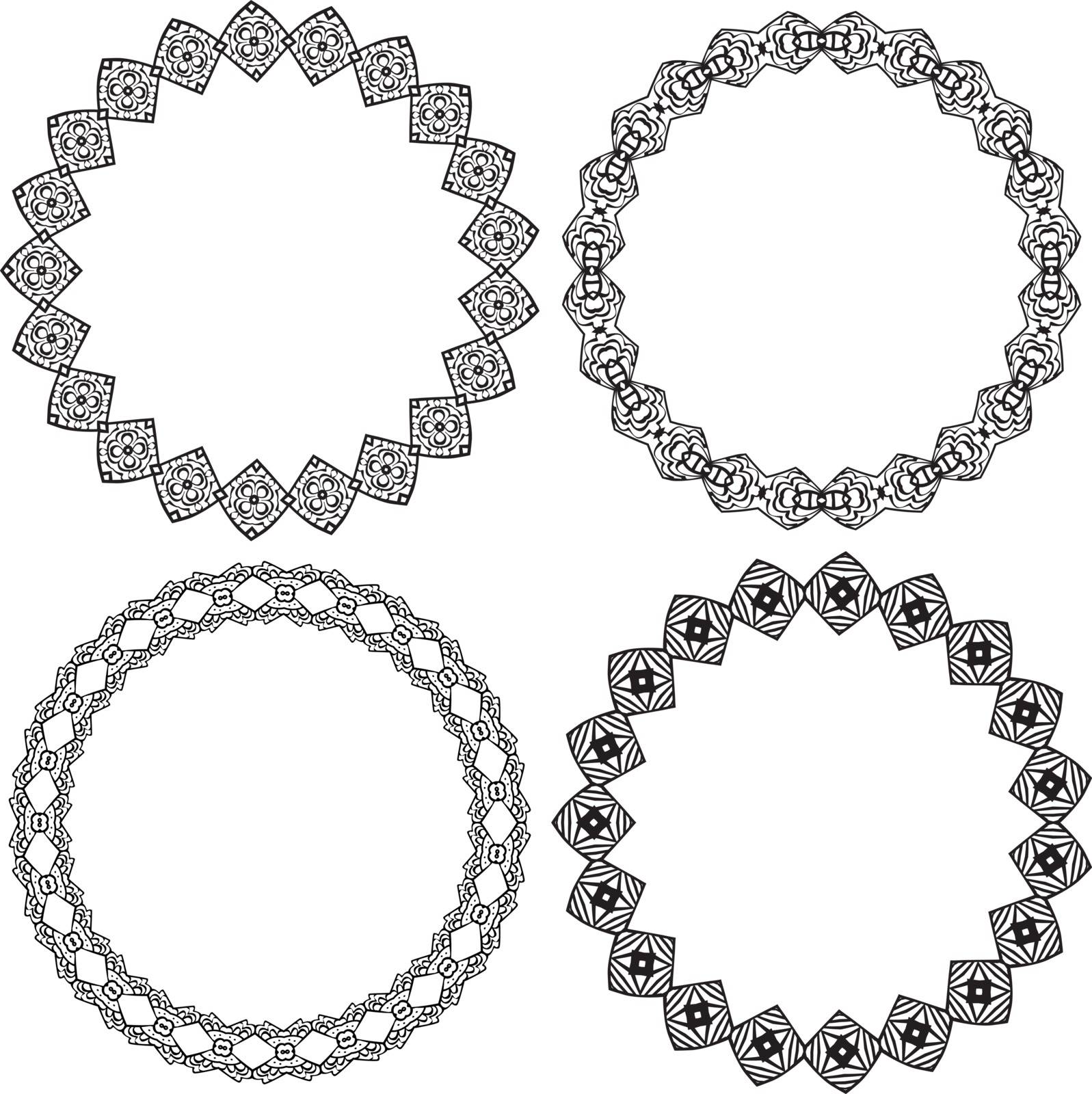 Set of decorative illustrated circle frames made of hand drawn elements - coloring sheet for adults
