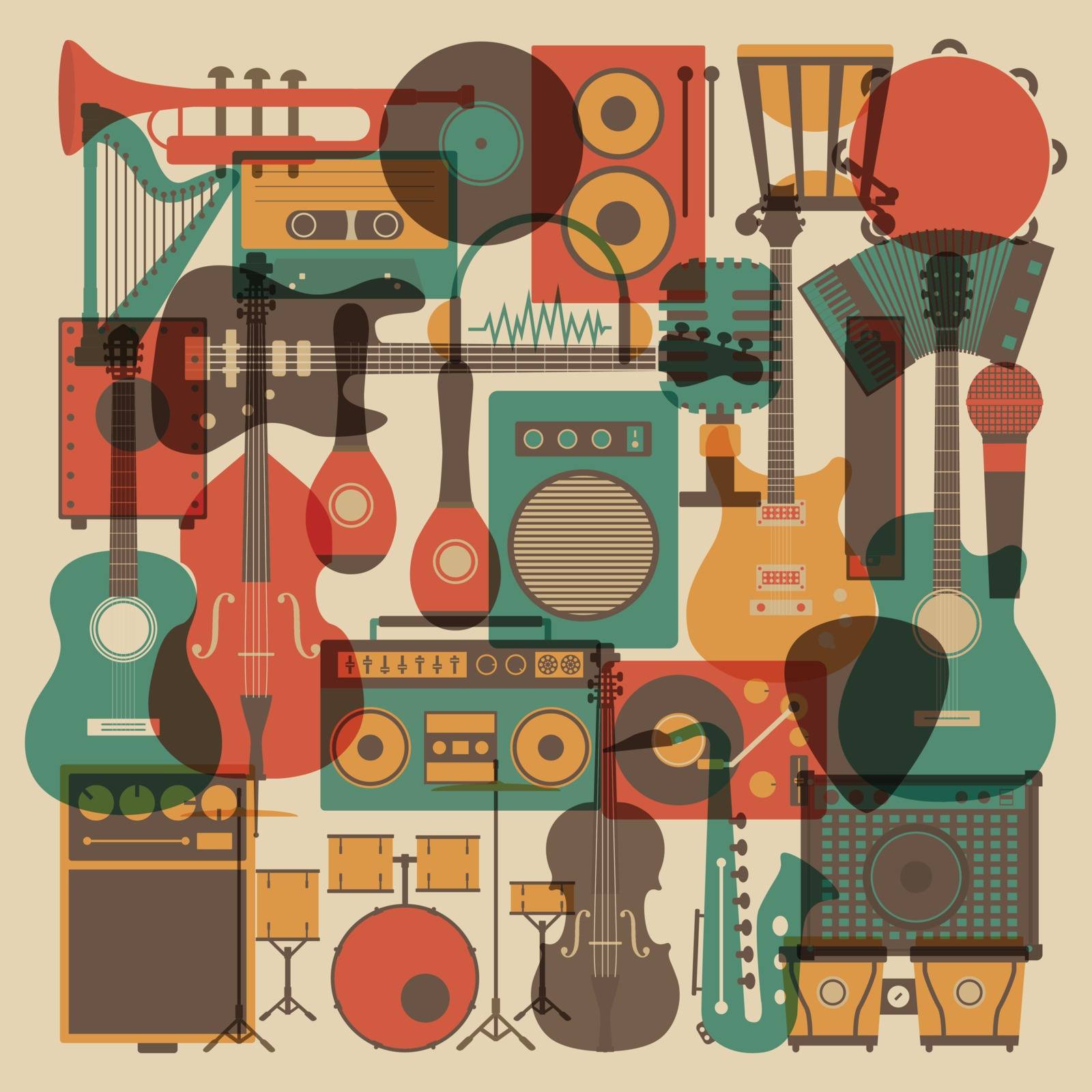 set of abstract  all music instrument icon, retro style