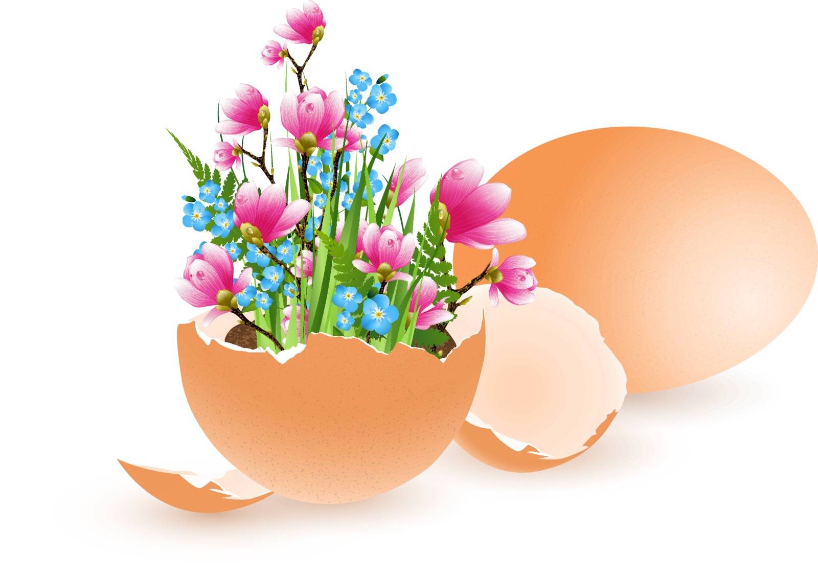 Illustration of Easter Eggs Decorated With Fern and Flowers Over White