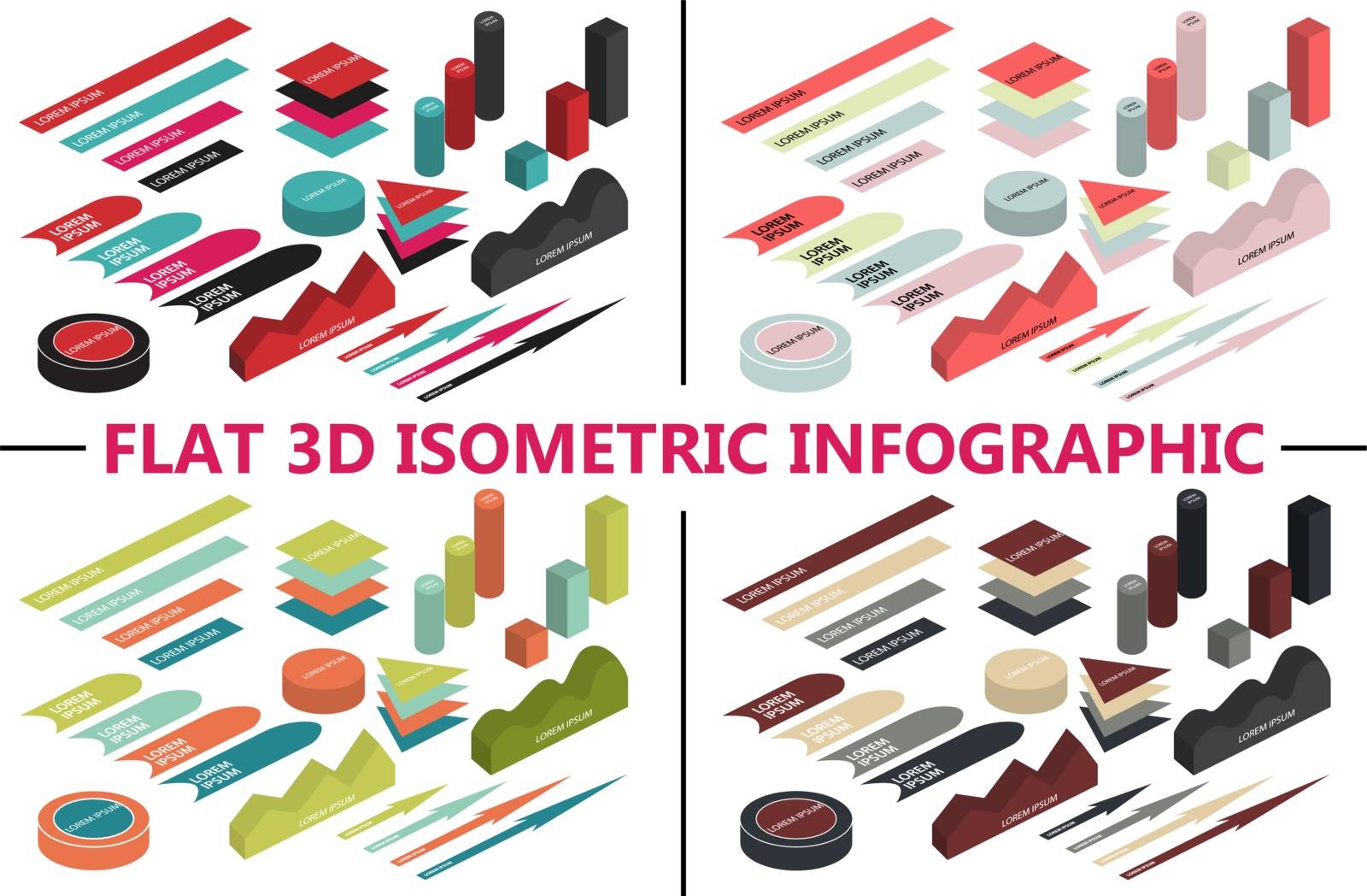 Flat 3d isometric infographic for your business presentations. Colorful isometric icons. 4 colors themes. Vector illustration EPS 10