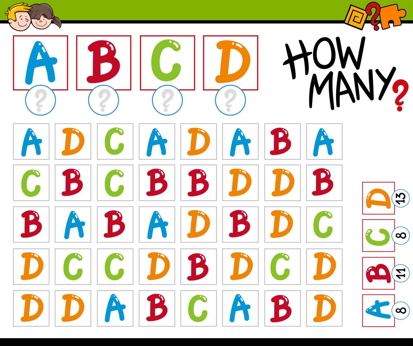 Cartoon Illustration of Educational Counting Activity Task for Preschool Children with Letters
