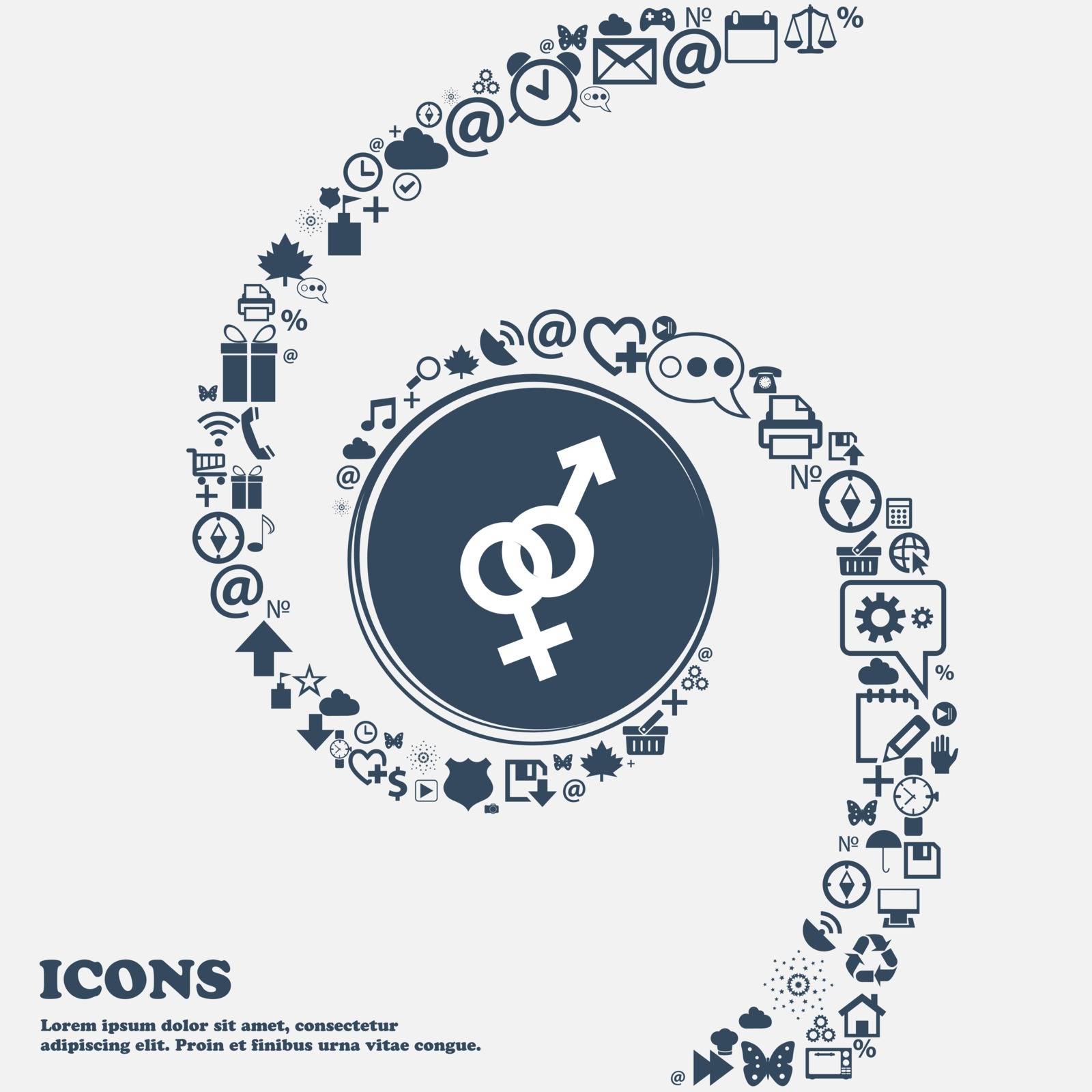 Male and female sign icon in the center. Around the many beautiful symbols twisted in a spiral. You can use each separately for your design. Vector by serhii_lohvyniuk