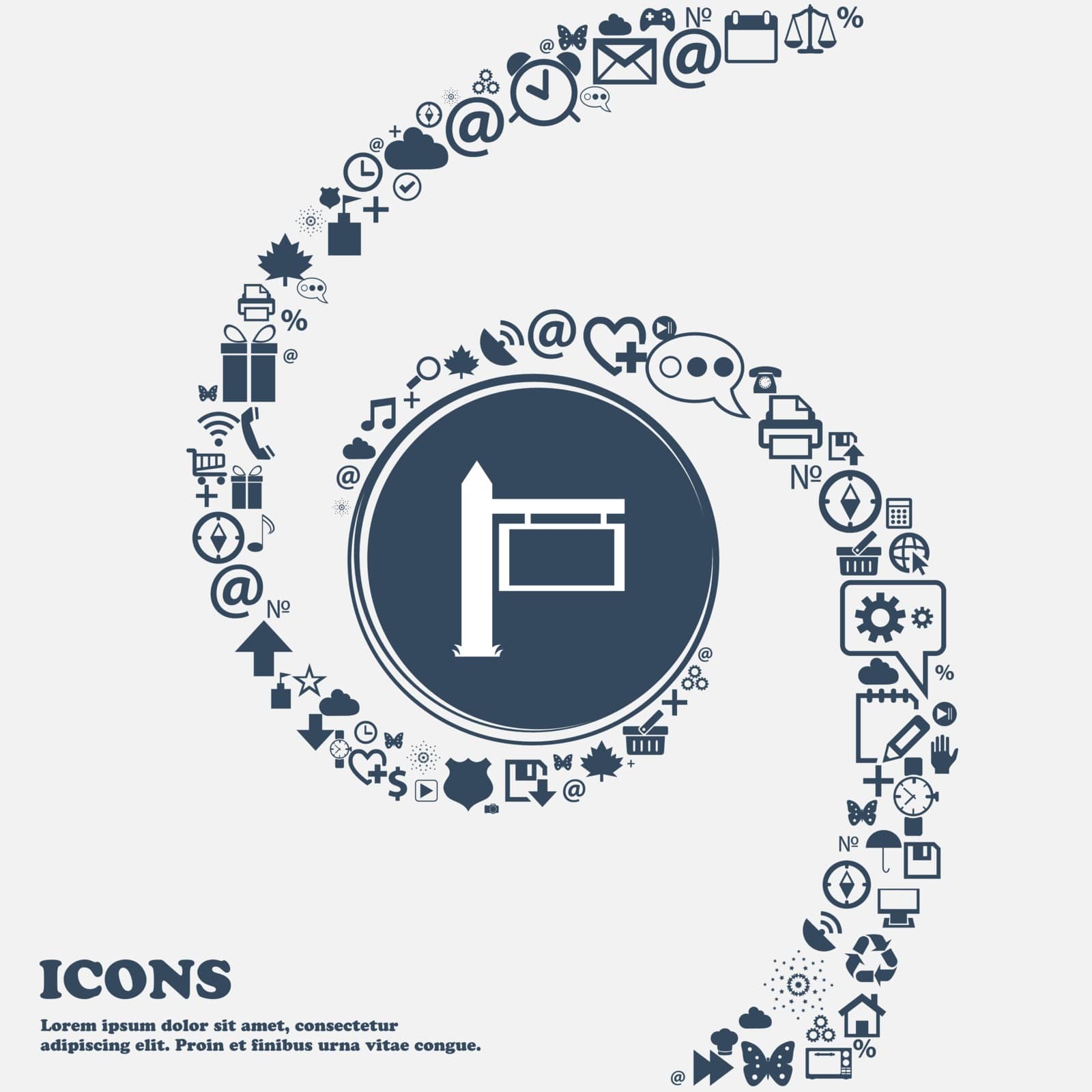 Information Road Sign icon sign in the center. Around the many beautiful symbols twisted in a spiral. You can use each separately for your design. Vector illustration