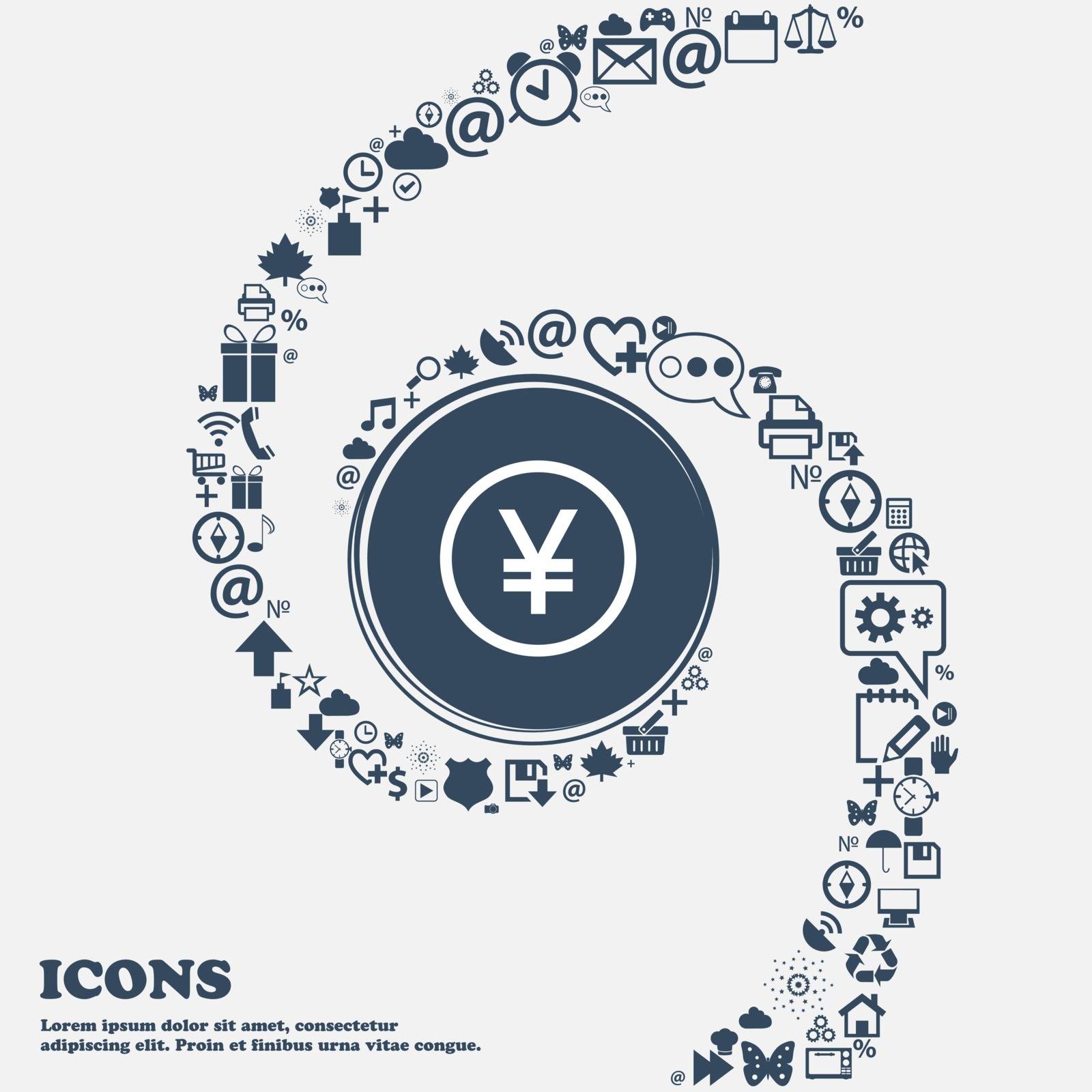 Japanese Yuan icon sign in the center. Around the many beautiful symbols twisted in a spiral. You can use each separately for your design. Vector illustration