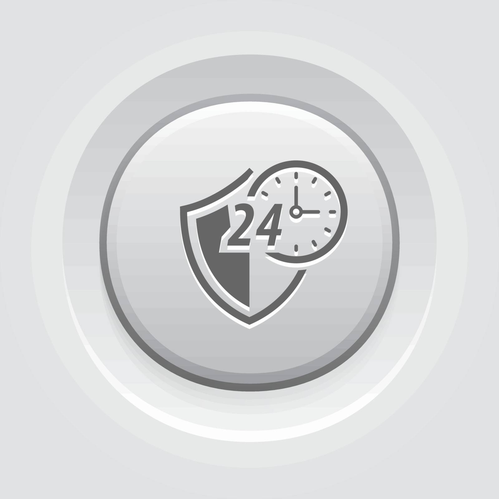 Protected 24-hour Icon. Flat Design. Security Concept with a Shield and a clock. App Symbol or UI element. Grey Button Design