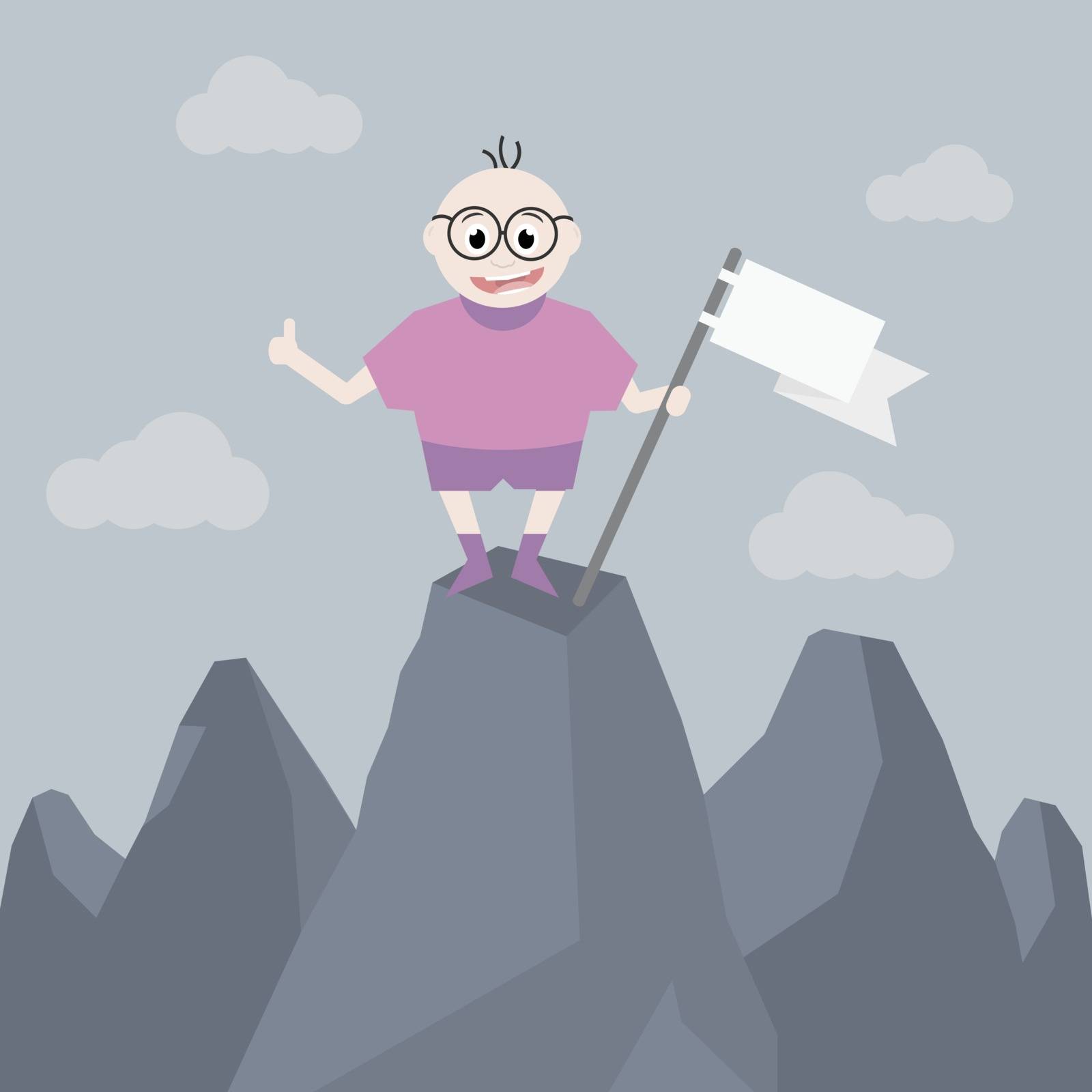 Loser in big glasses stands on a high hill and holding a white flag