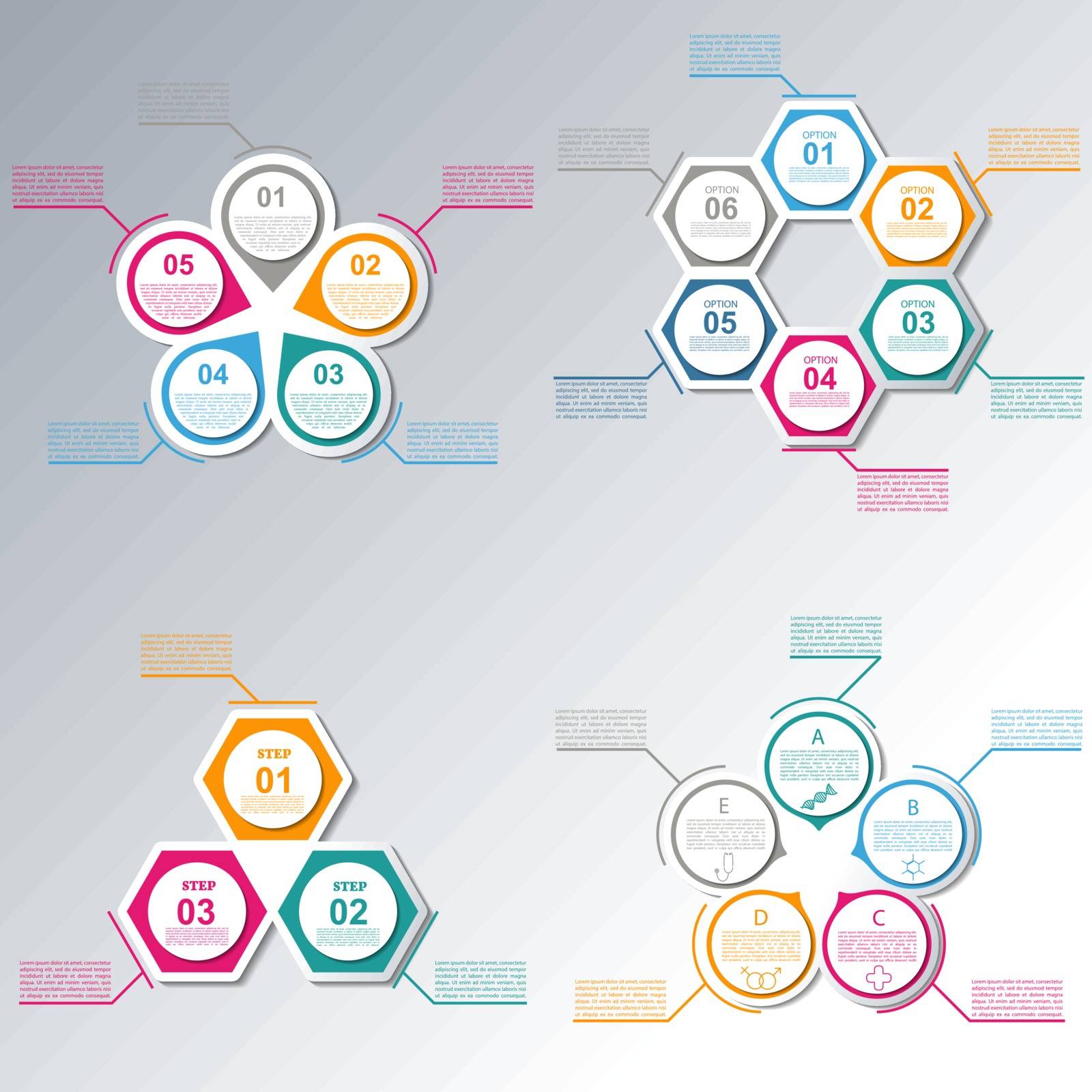 A set of bright circular elements for infographics, vector illustration.