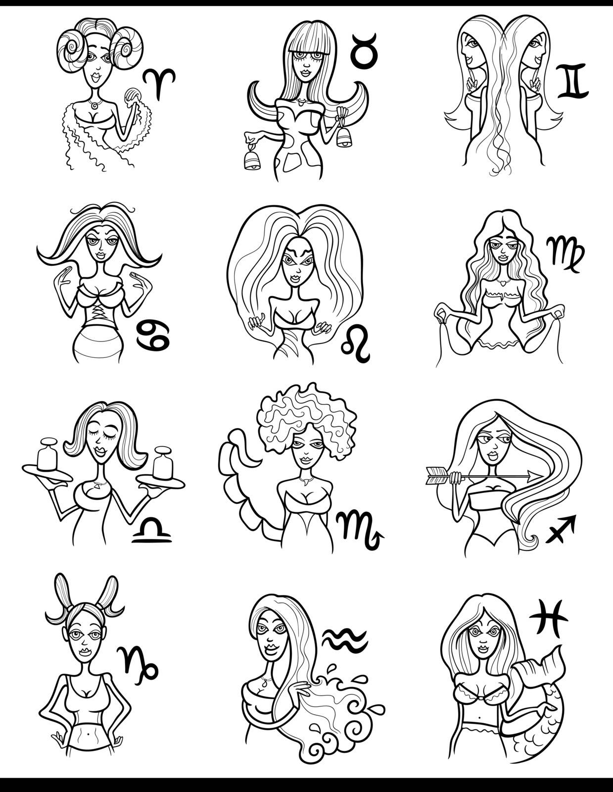 Cartoon Illustration of Black and White Horoscope Zodiac Signs with Beautiful Women
