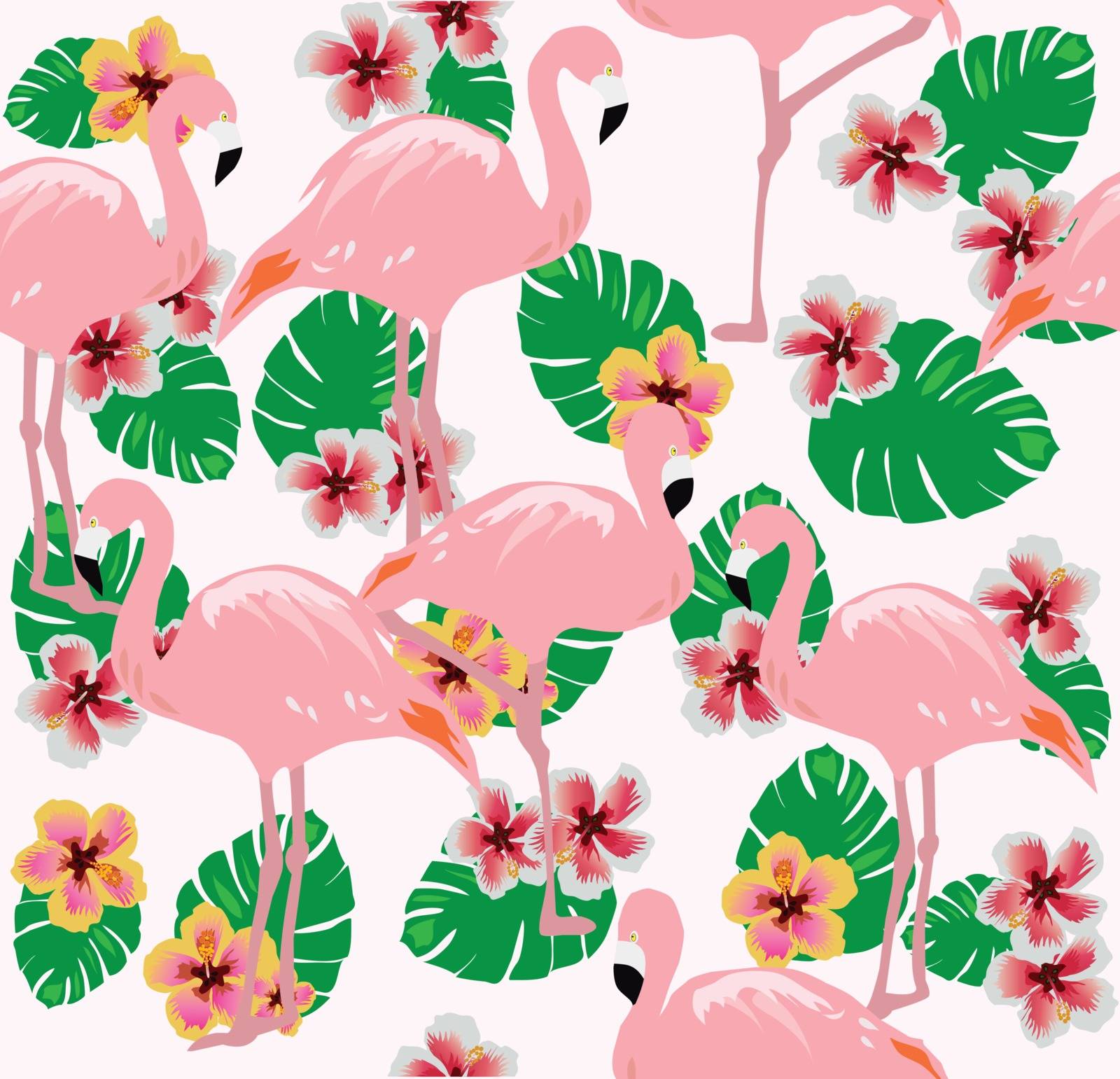 vector illustration of flamingos seamless background with palm leaves