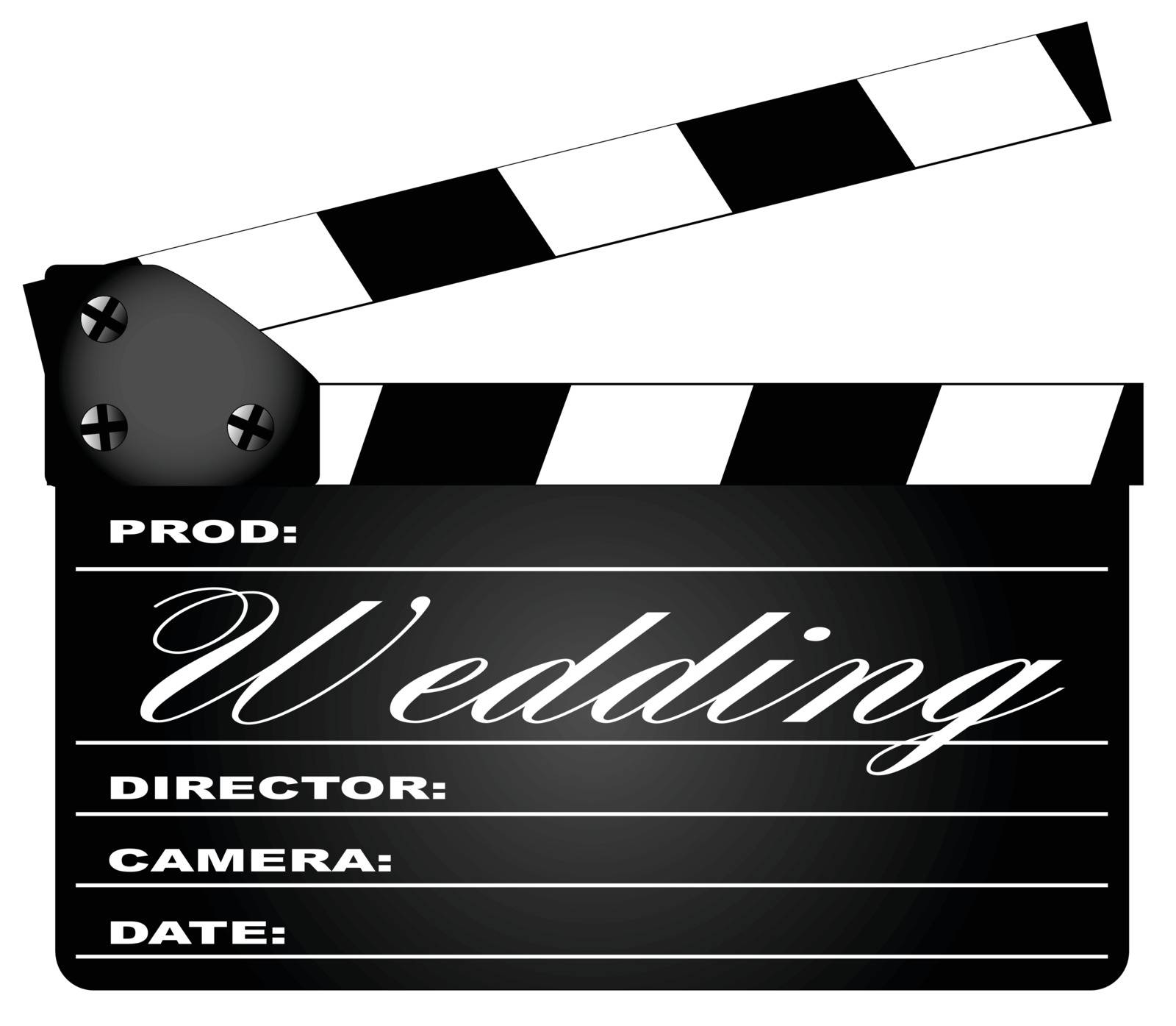 A typical movie clapperboard with the legend WEDDING isolated on white.