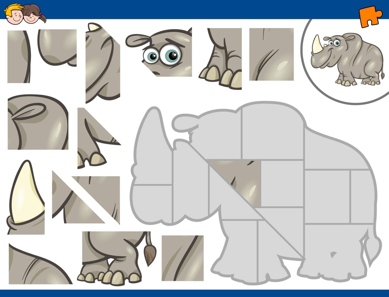 Cartoon Illustration of Educational Jigsaw Puzzle Activity for Preschool Children with Rhinoceros Animal Character