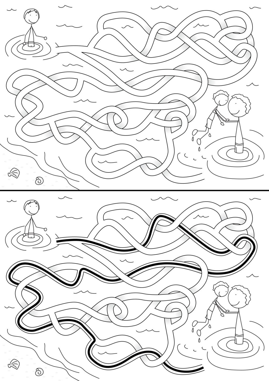 Summer fun maze for kids with a solution in black and white