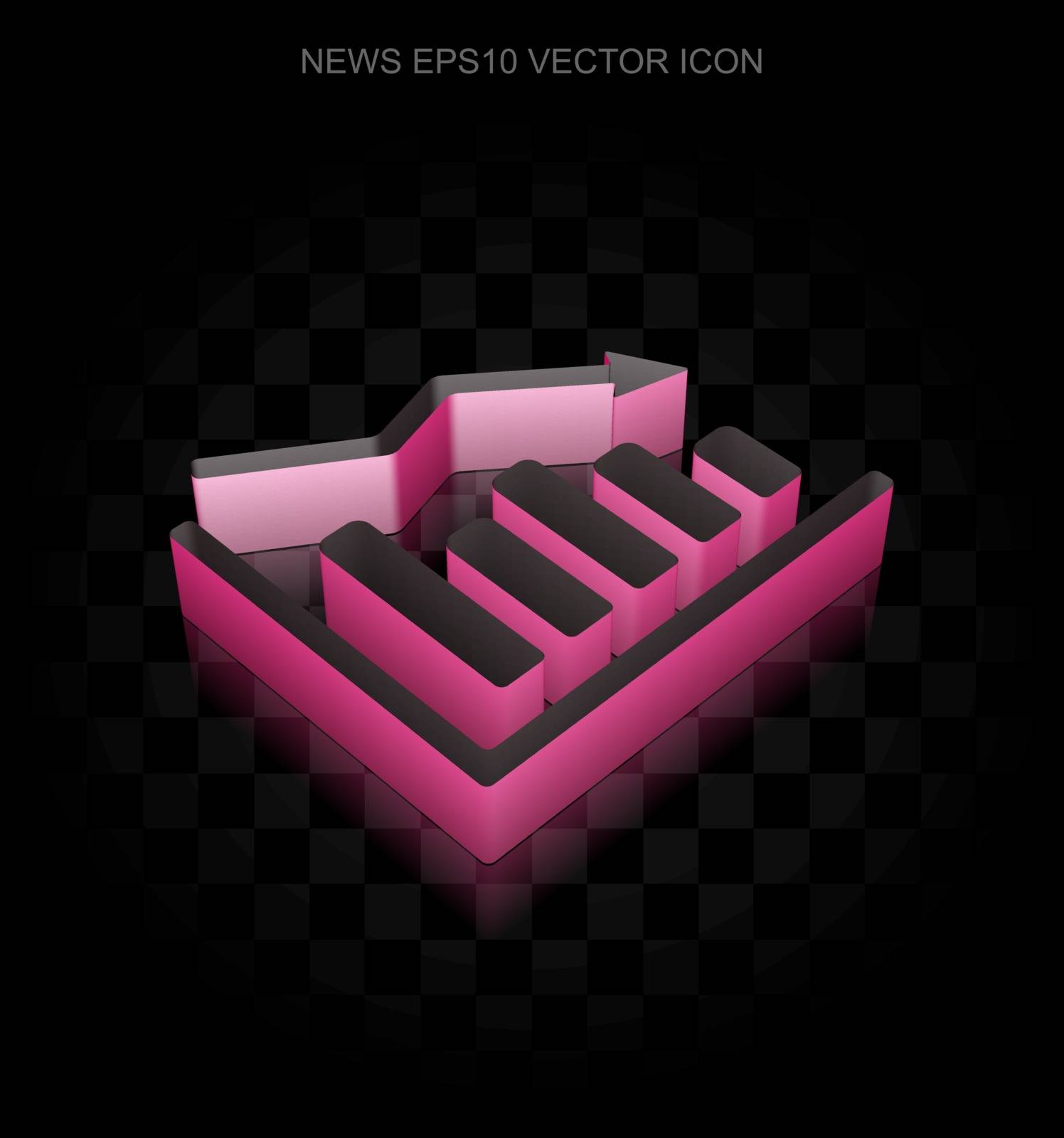 News icon: Crimson 3d Decline Graph made of paper tape on black background, transparent shadow, EPS 10 vector illustration.