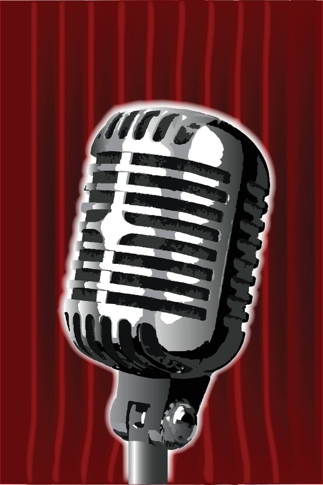 A microphone ready on stage against a red curtain.