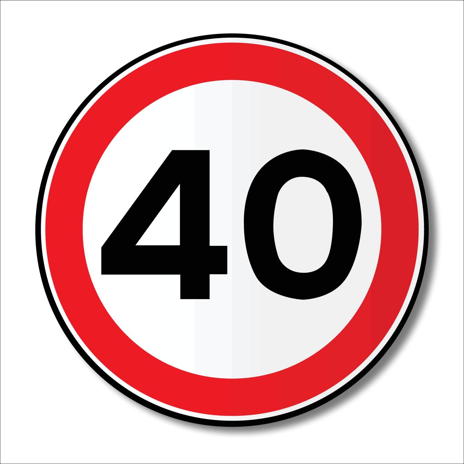 A large round red traffic displaying a forty MPH speed limit