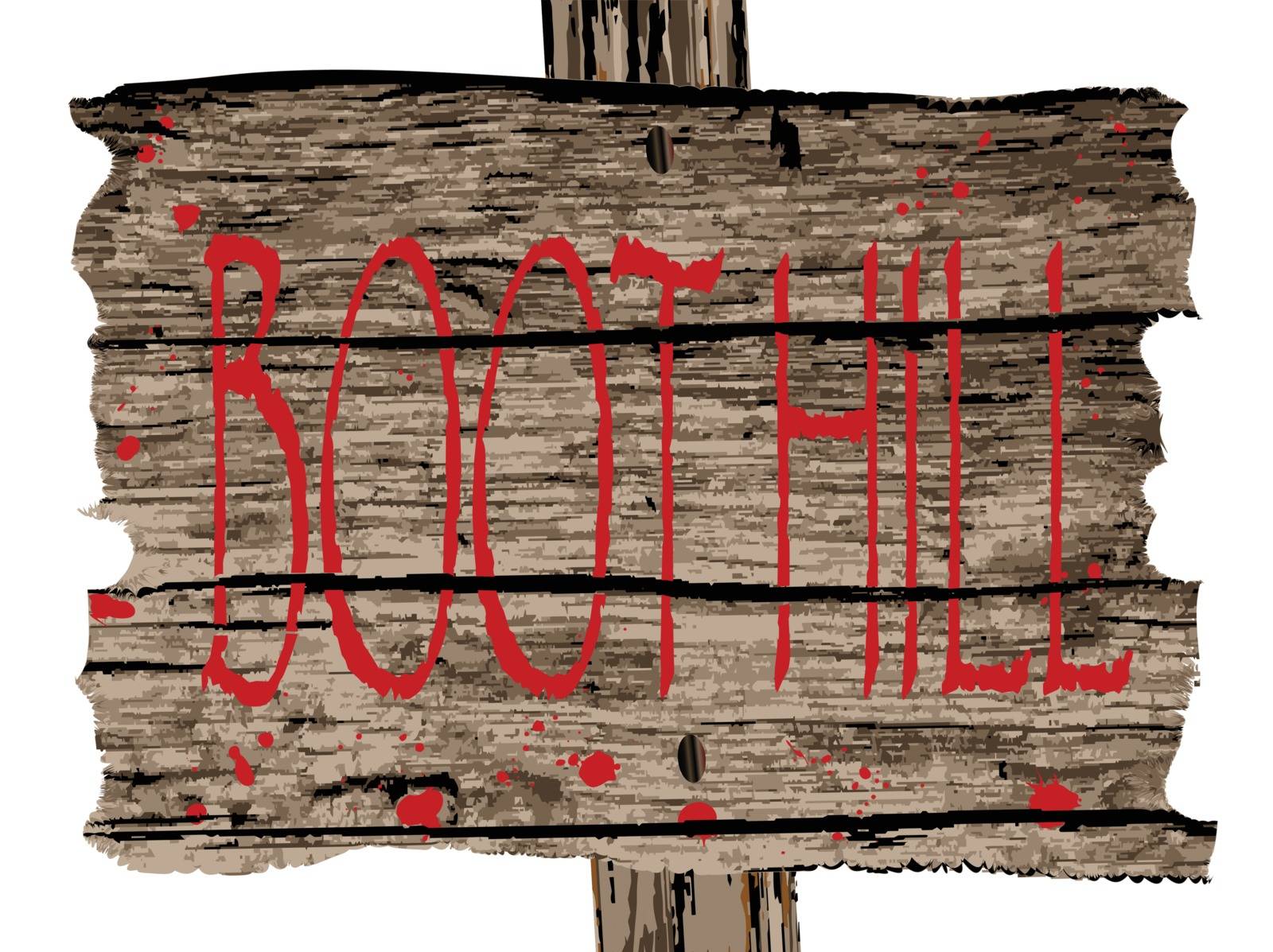 Wooden Boot Hill sign and post over a white background