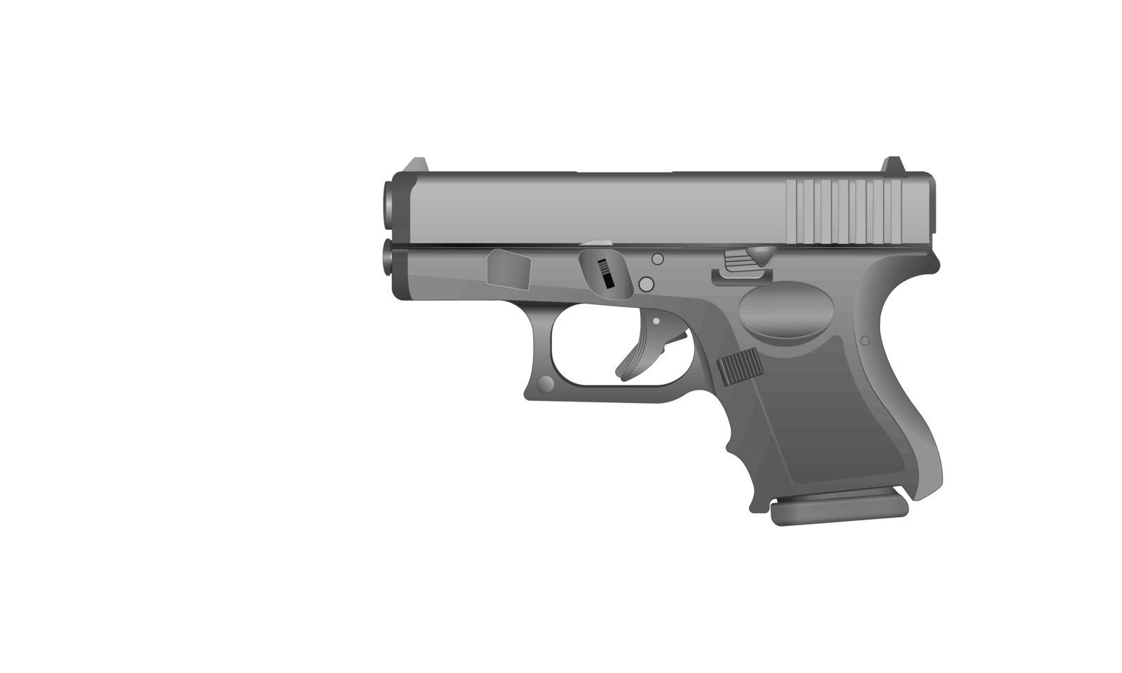 An illustration of a grey metal handgun on a white background. Gradients are used in the illustration.