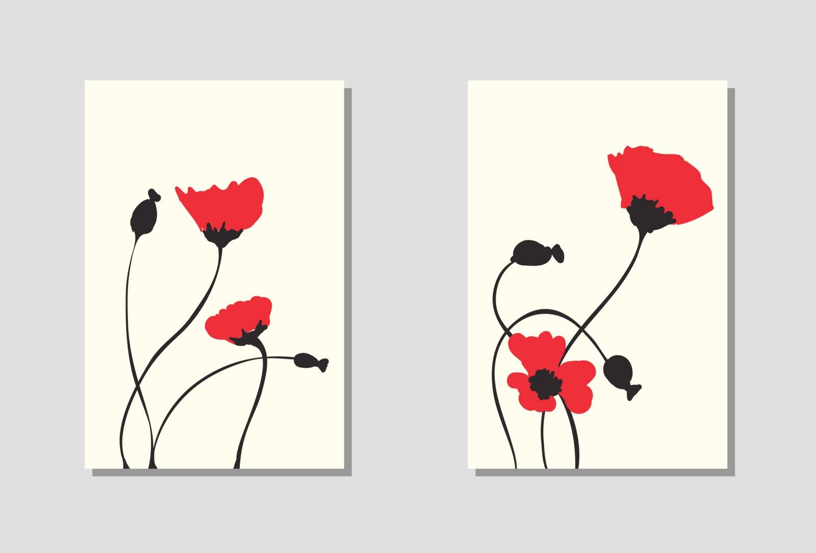 Vibrant floral vertical banners of poppy flowers and blossoms isolated on white background. Wallpaper with empty space for your text. Red flower design. Vector illustration.