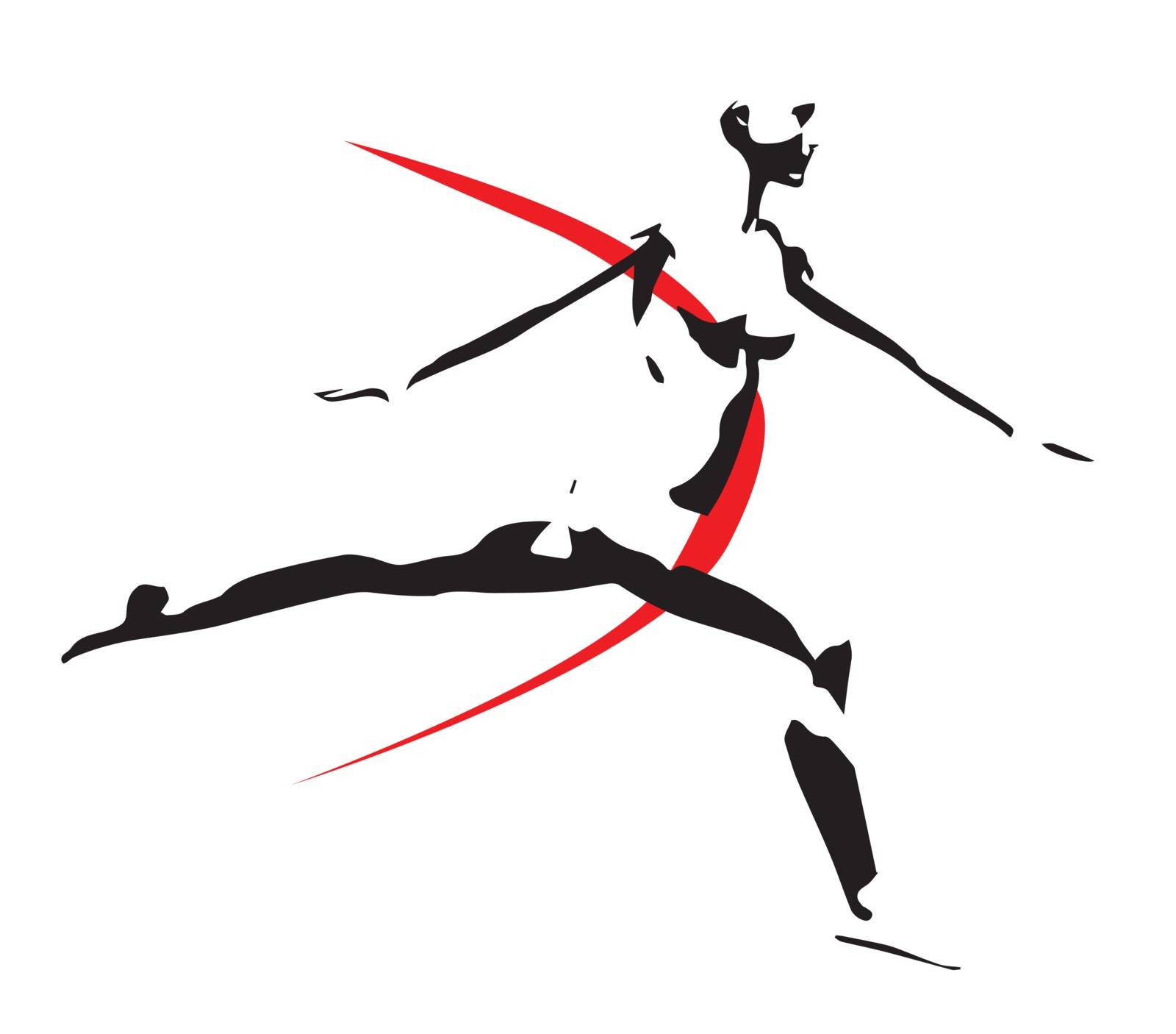 Black and white outline of a runner over a white background breaking the red ribbon