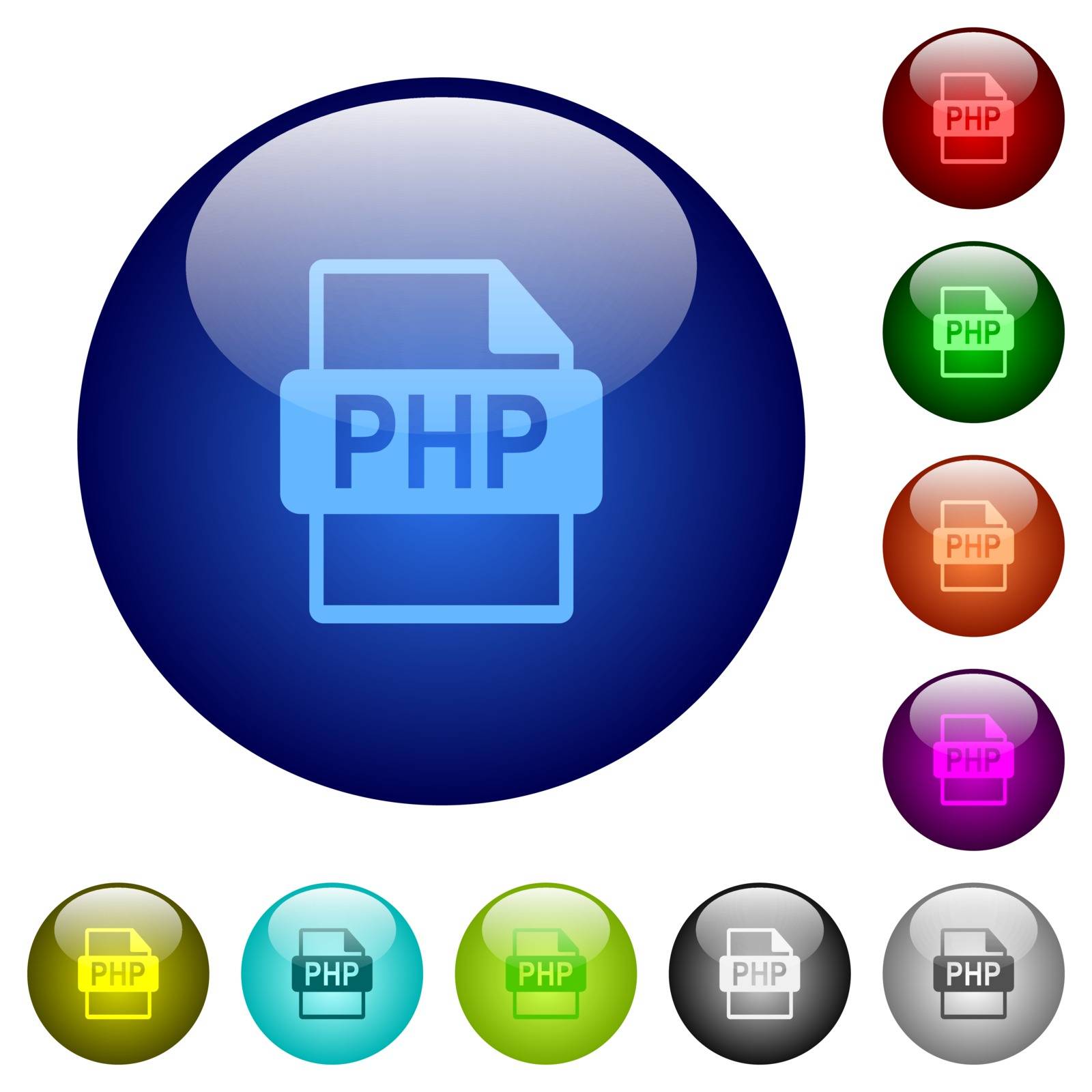 Set of color PHP file format glass web buttons.