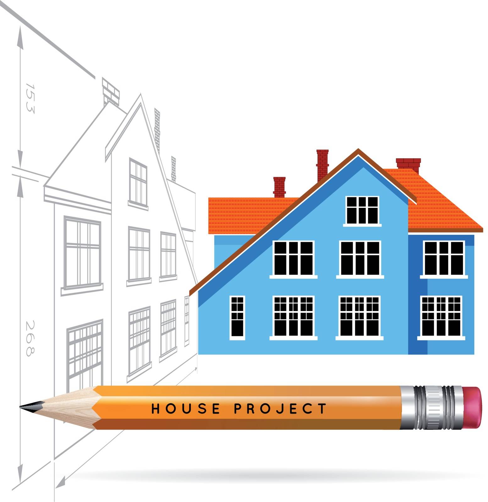 House icon and drawing with a pencil. Vector infographics for real estate and construction