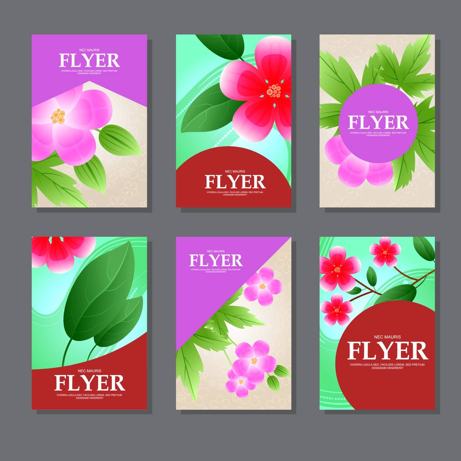 Set of rectangular cards with red and pink flowers for your design. Vector illustration