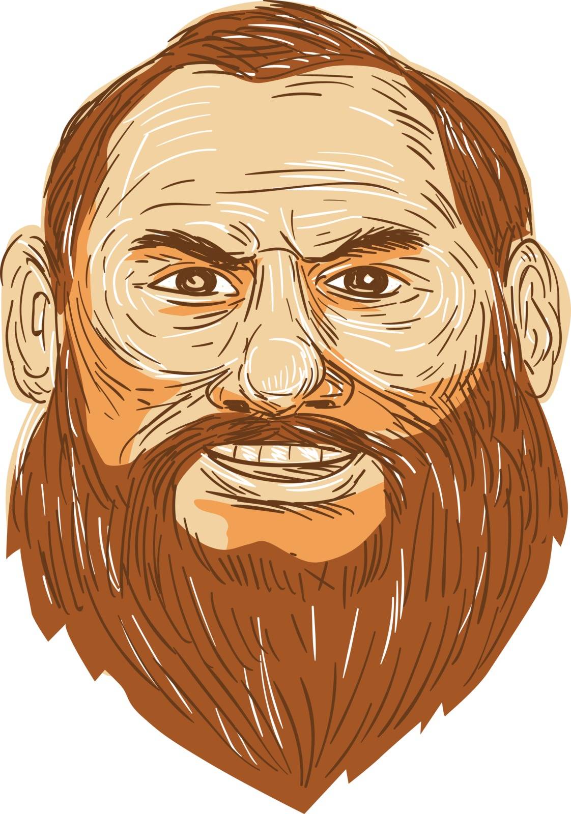 Illustration of a big man smiling with bearded face viewed from front set on isolated white background done in retro style. 