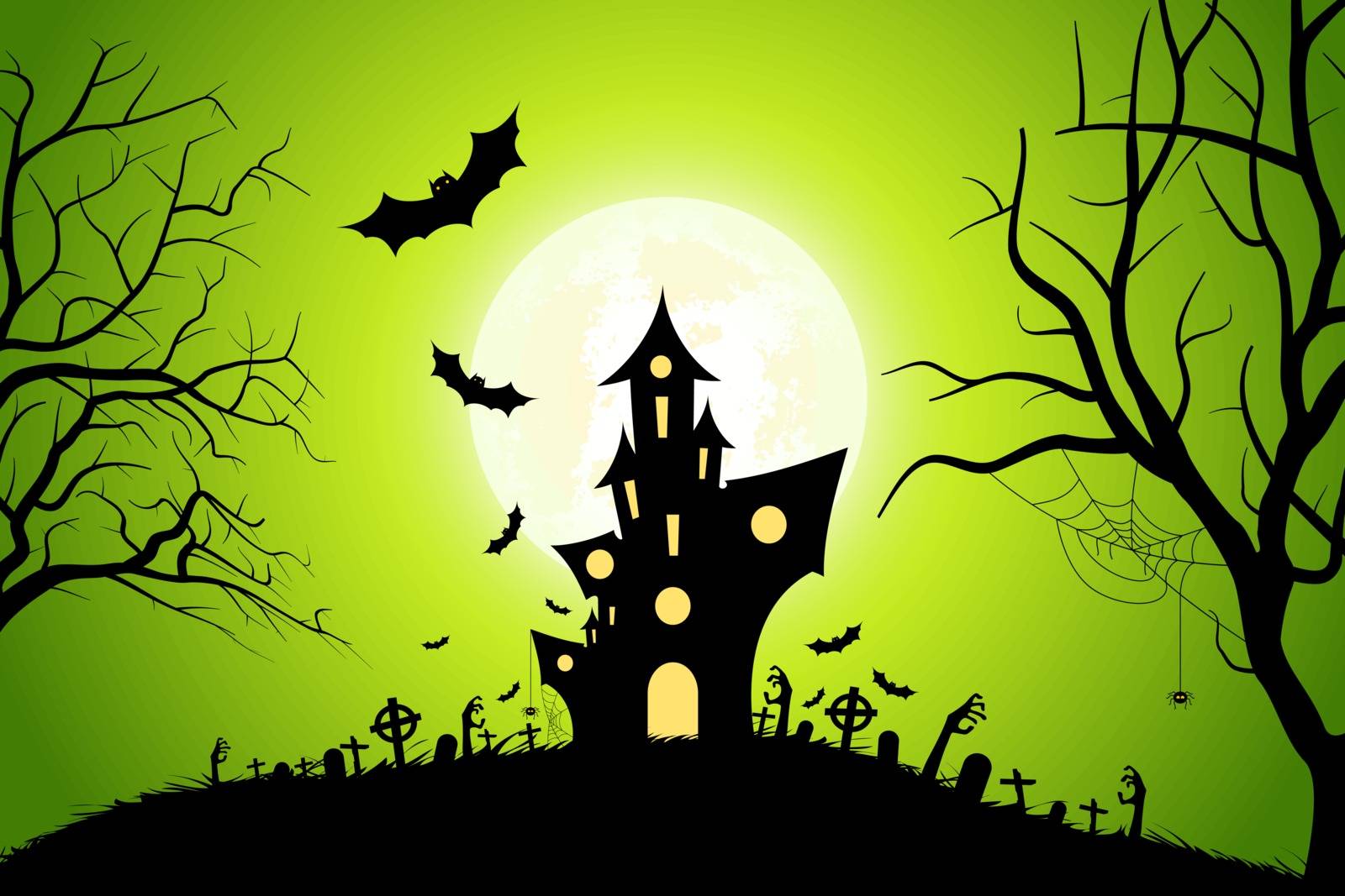 Halloween Party Background with Haunted House, Bats, Moon and Spider