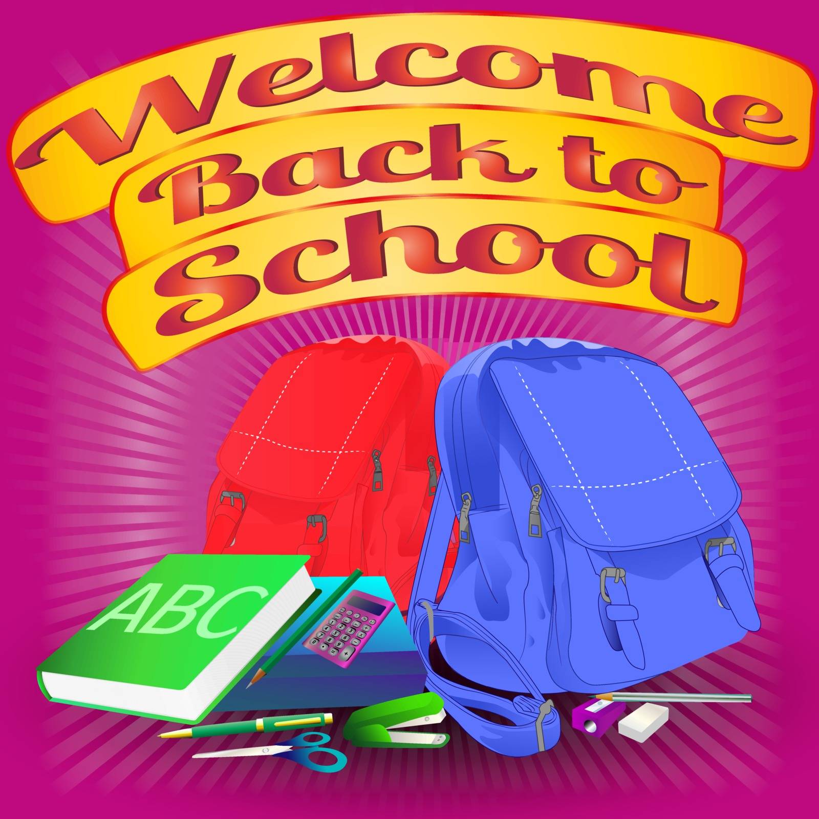 banner with text welcome back to school, backpacks, school items