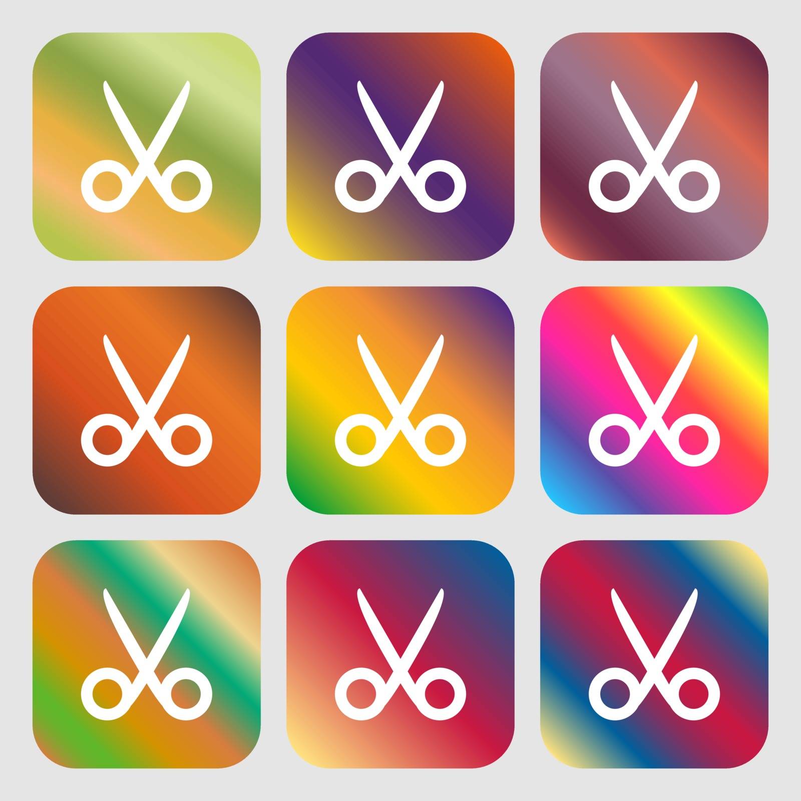 Scissors hairdresser sign icon. Tailor symbol . Nine buttons with bright gradients for beautiful design. Vector by serhii_lohvyniuk