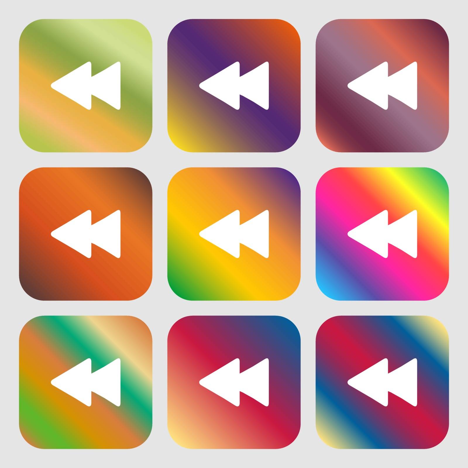 rewind icon. Nine buttons with bright gradients for beautiful design. Vector illustration
