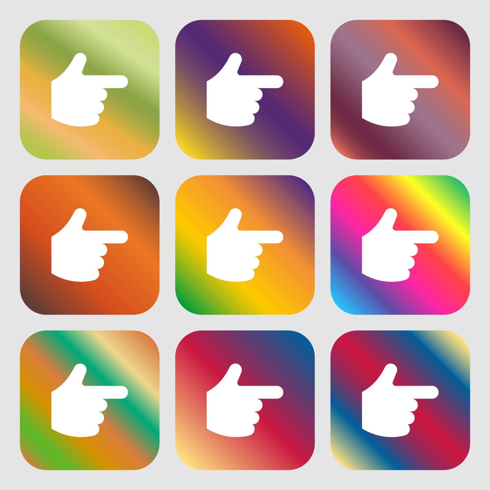 pointing hand icon. Nine buttons with bright gradients for beautiful design. Vector illustration