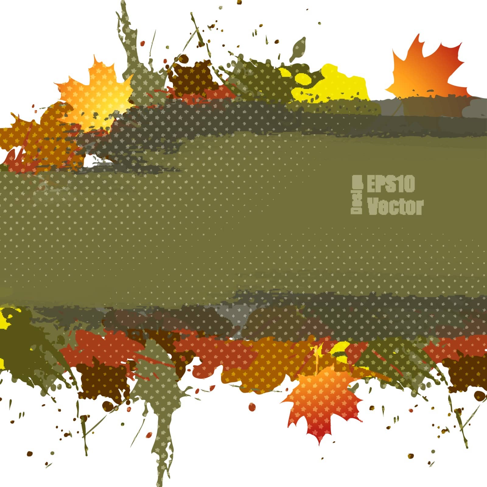 Grunge vector autumn background with maple leafs. Hand drawn ink blots. Elements for design. Eps10