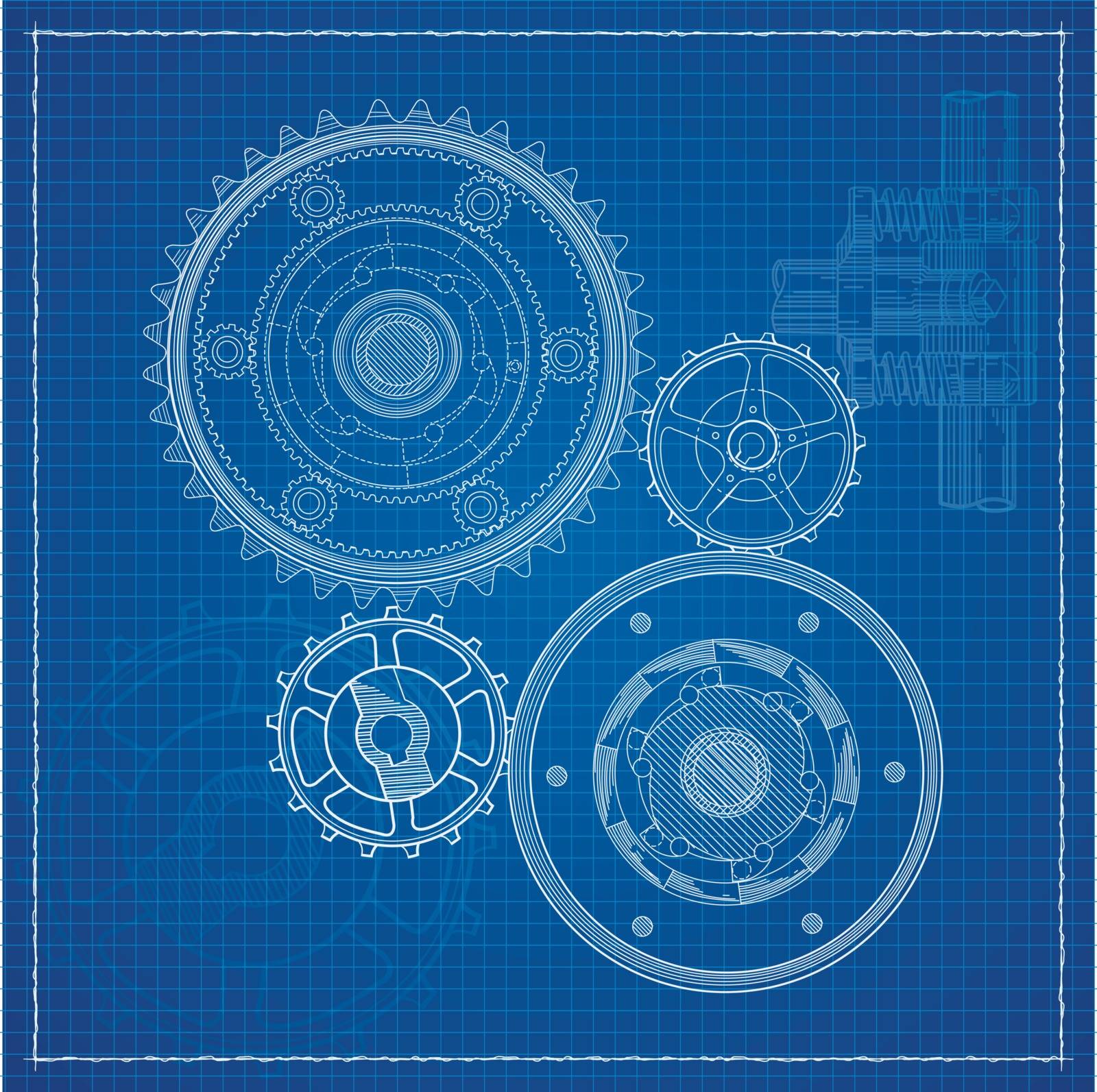 Technical blueprint illustration of mechanism on blue background with stylized frame.