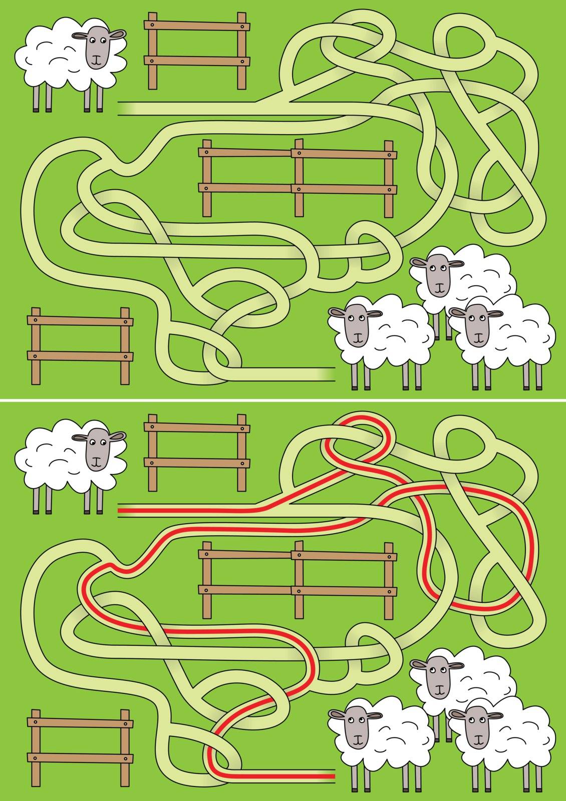 Sheep maze for kids with a solution