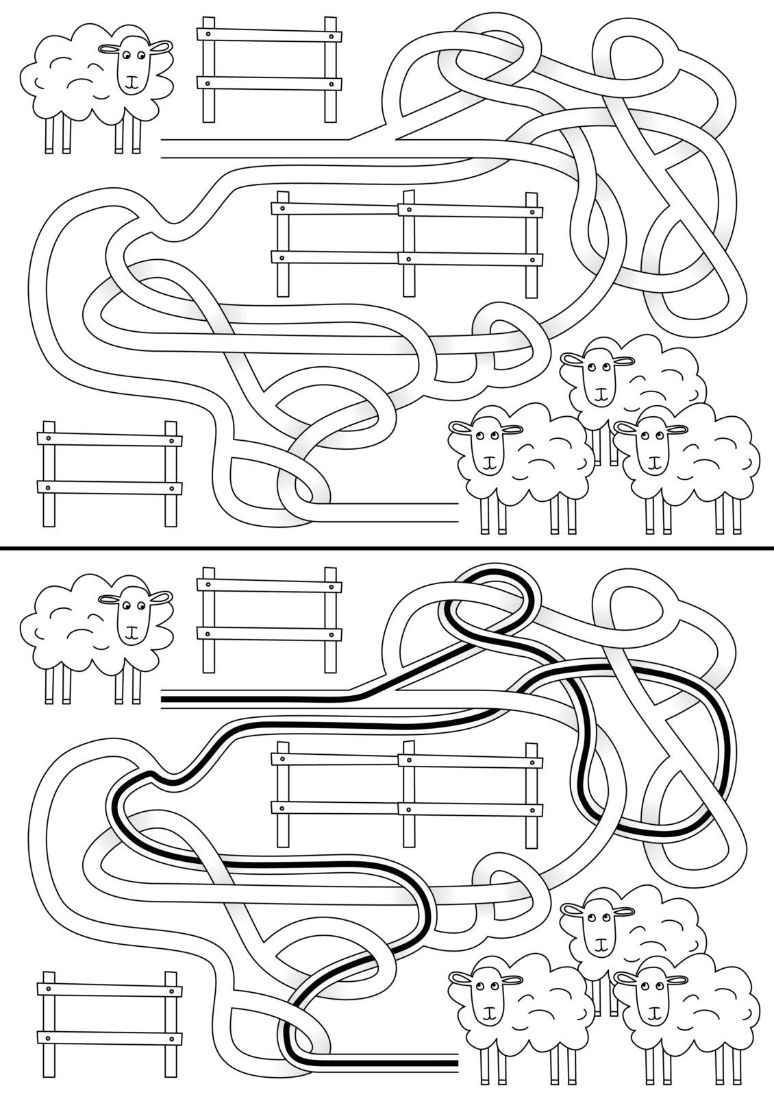 Sheep maze for kids with a solution in black and white