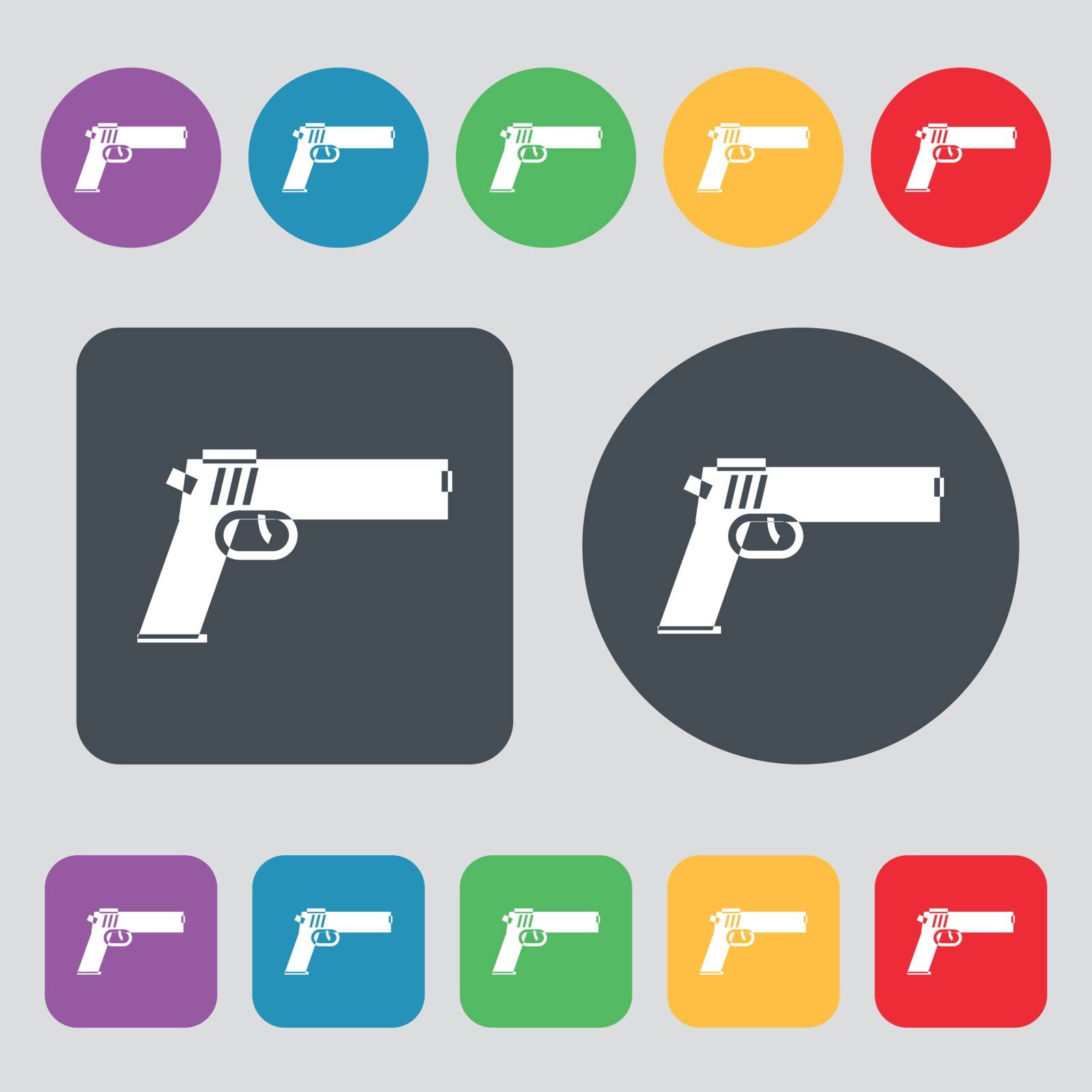 Gun icon sign. A set of 12 colored buttons. Flat design. Vector by serhii_lohvyniuk
