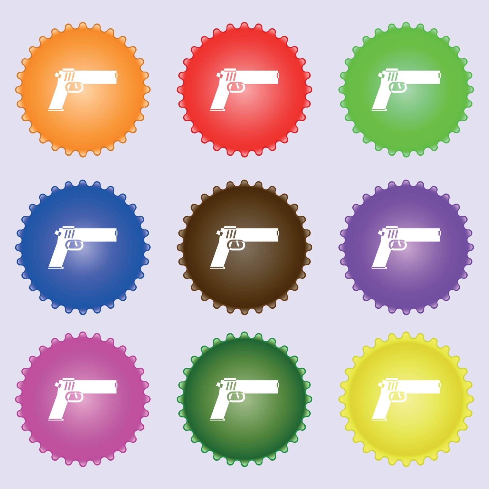 Gun icon sign. Big set of colorful, diverse, high-quality buttons. Vector by serhii_lohvyniuk