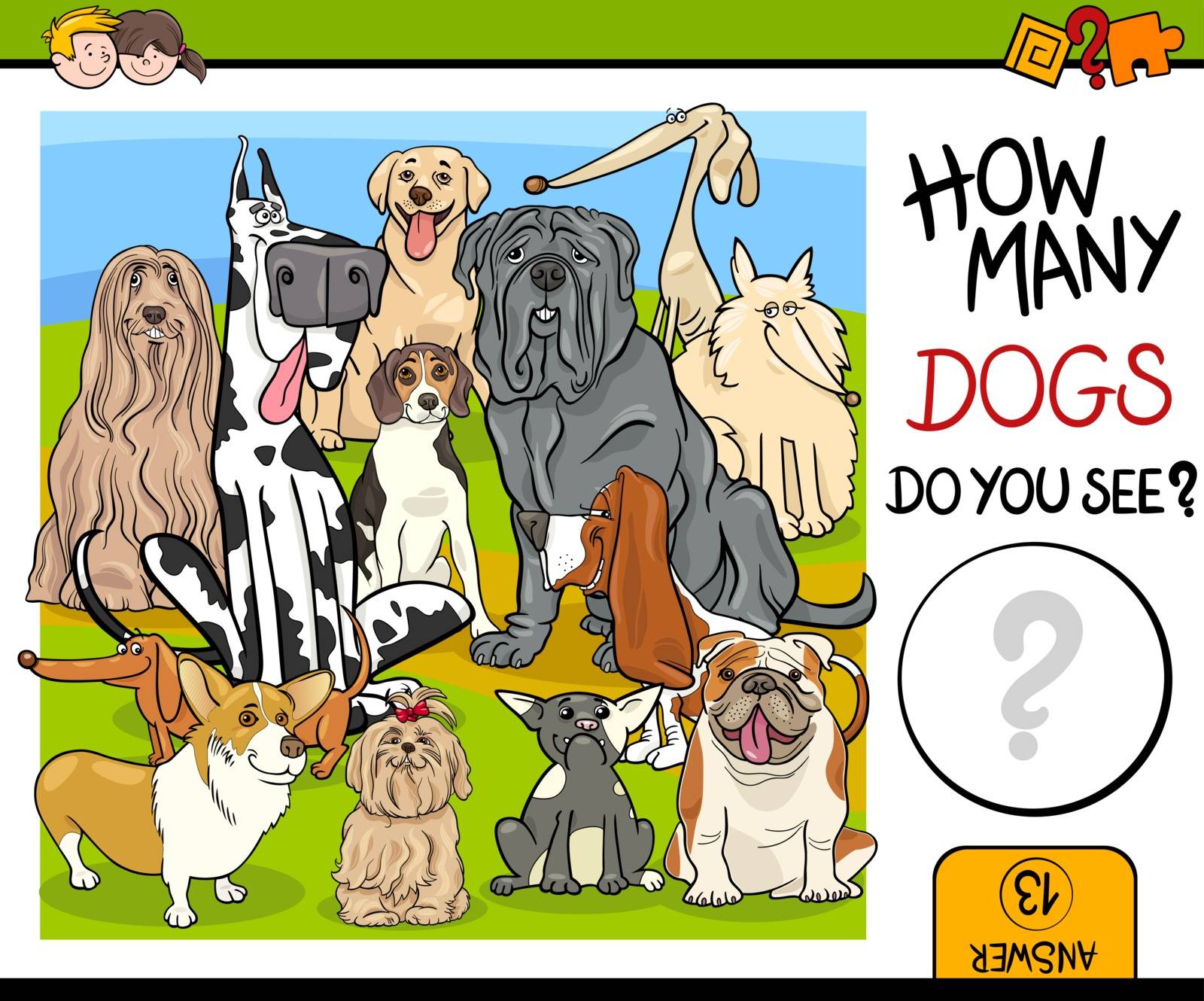 Cartoon Illustration of Educational Counting Task for Children with Purebred Dog Characters