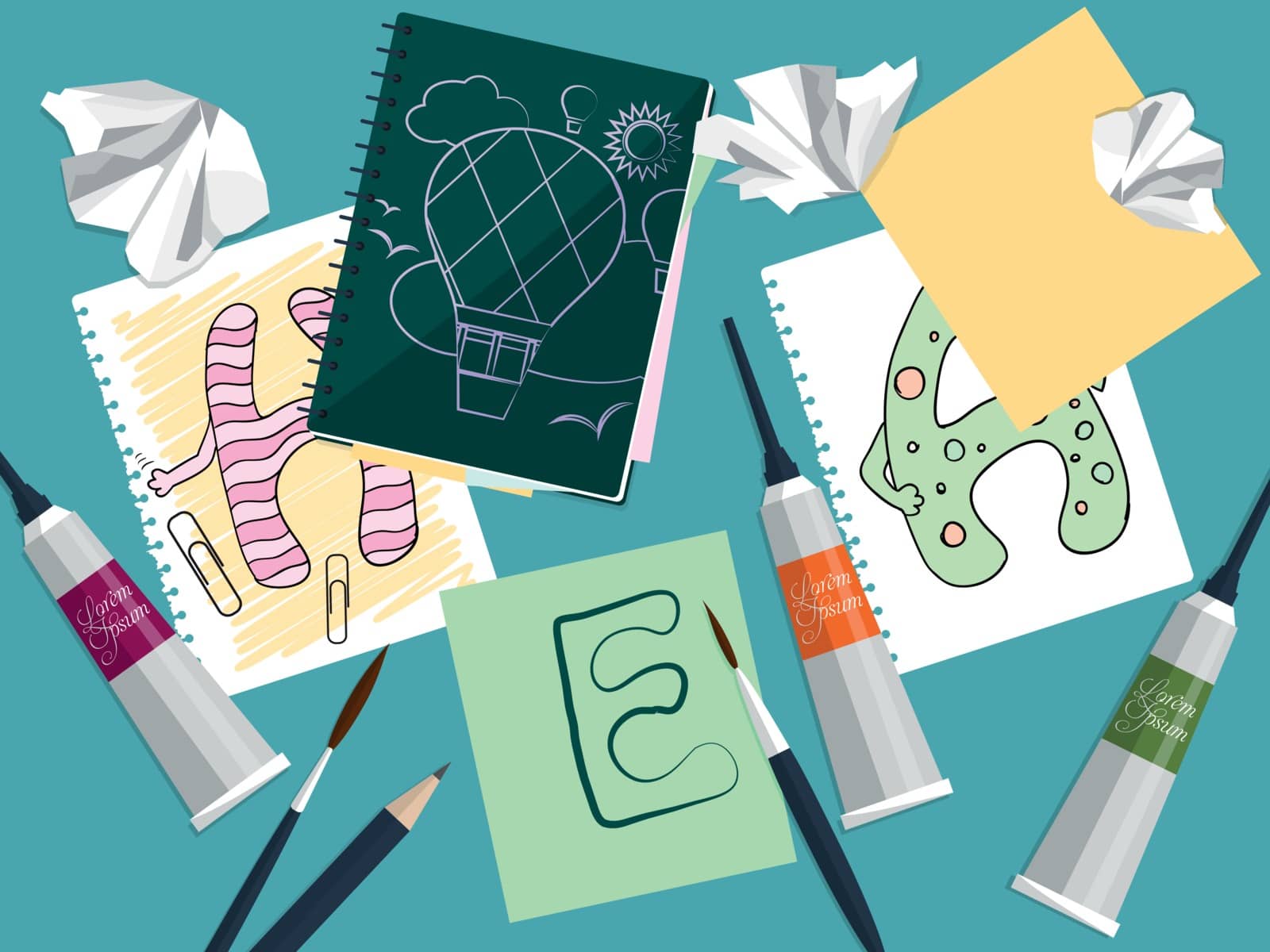 Set with notebook, drawings and art supplies on the table. Vector illustration