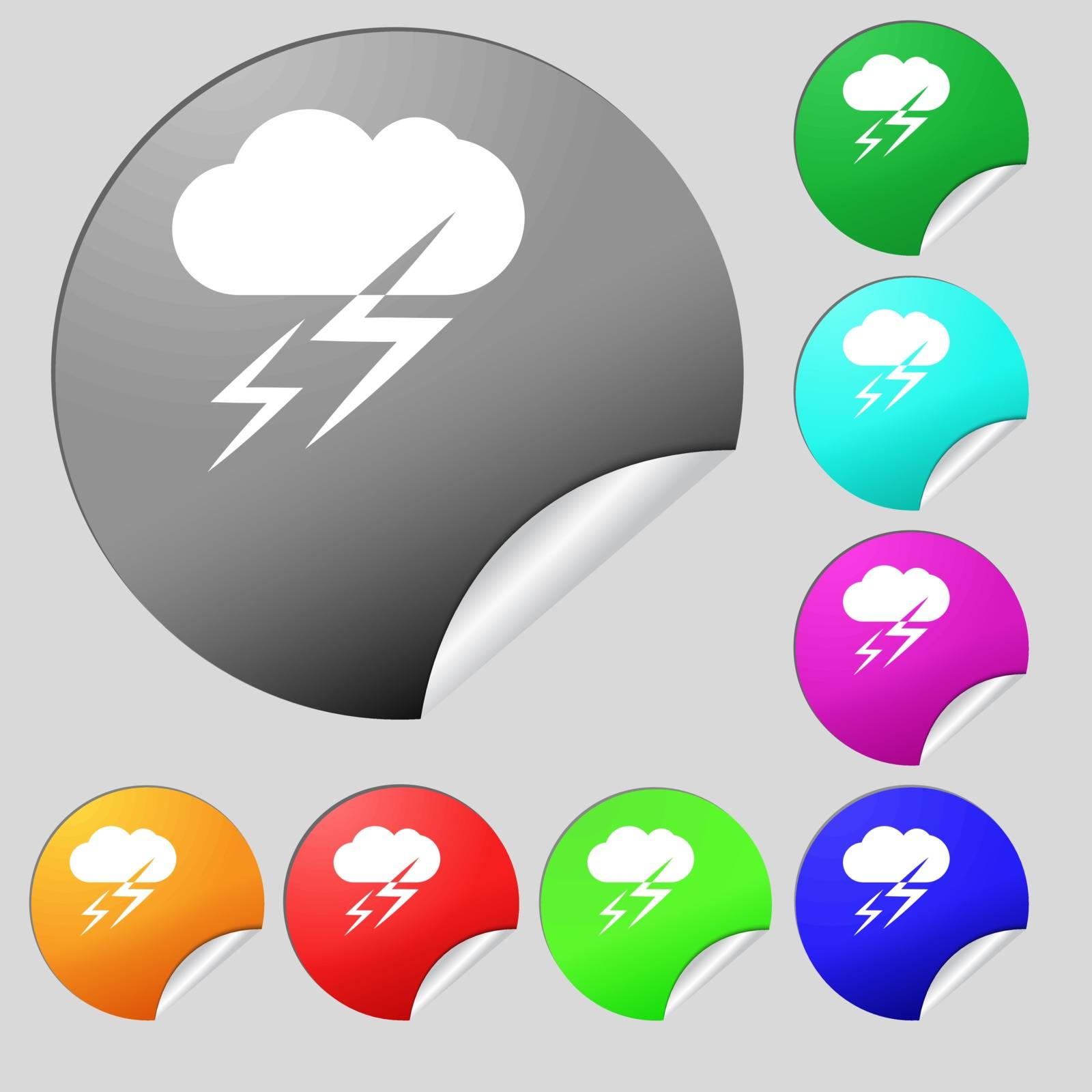 Weather icon sign. Set of eight multi colored round buttons, stickers. Vector illustration
