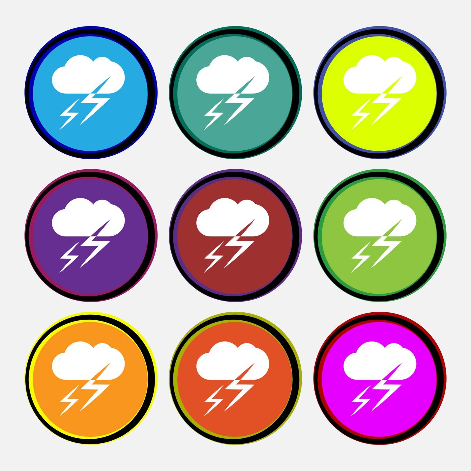 Weather icon sign. Nine multi colored round buttons. Vector illustration