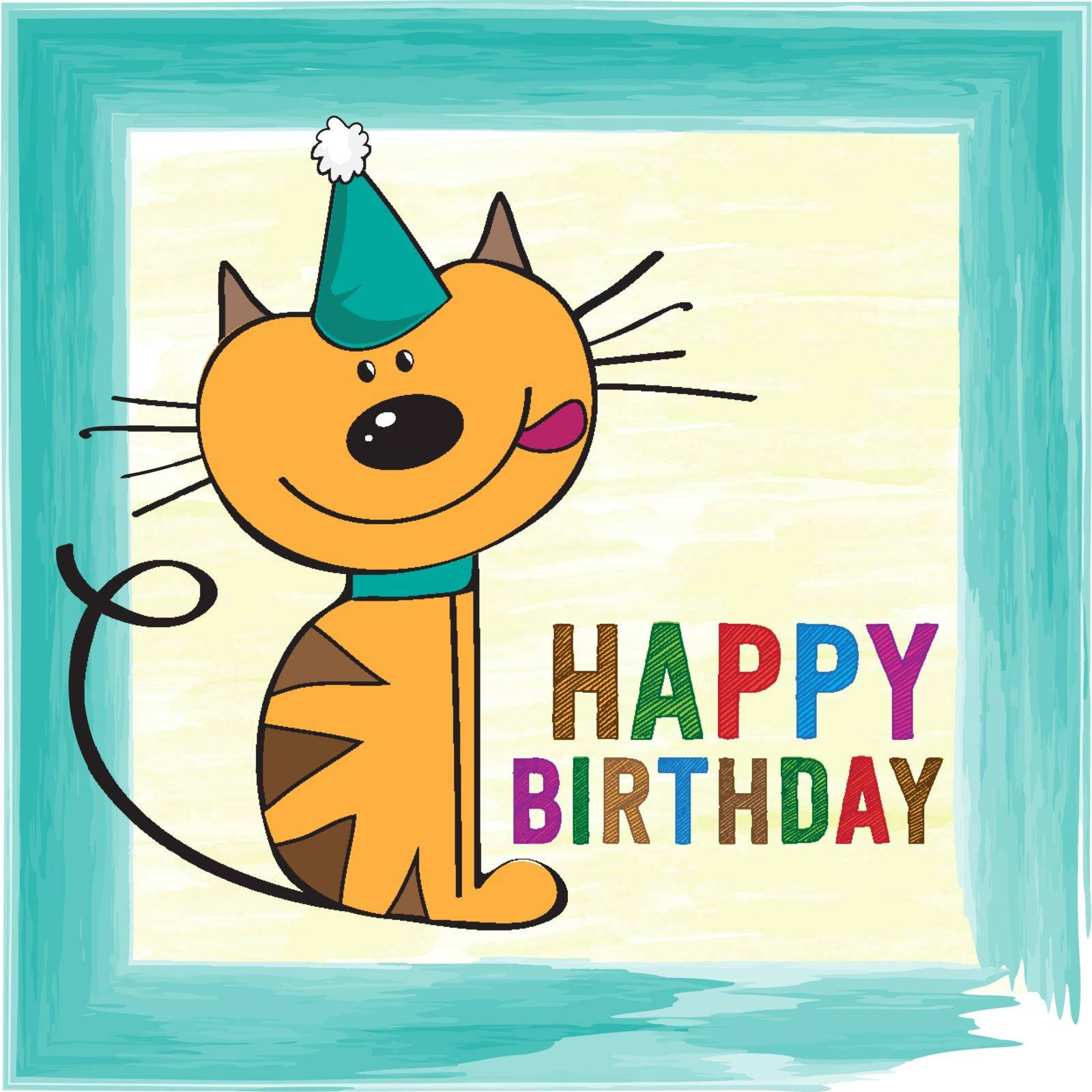 childish birthday card with funny little cat, vector format