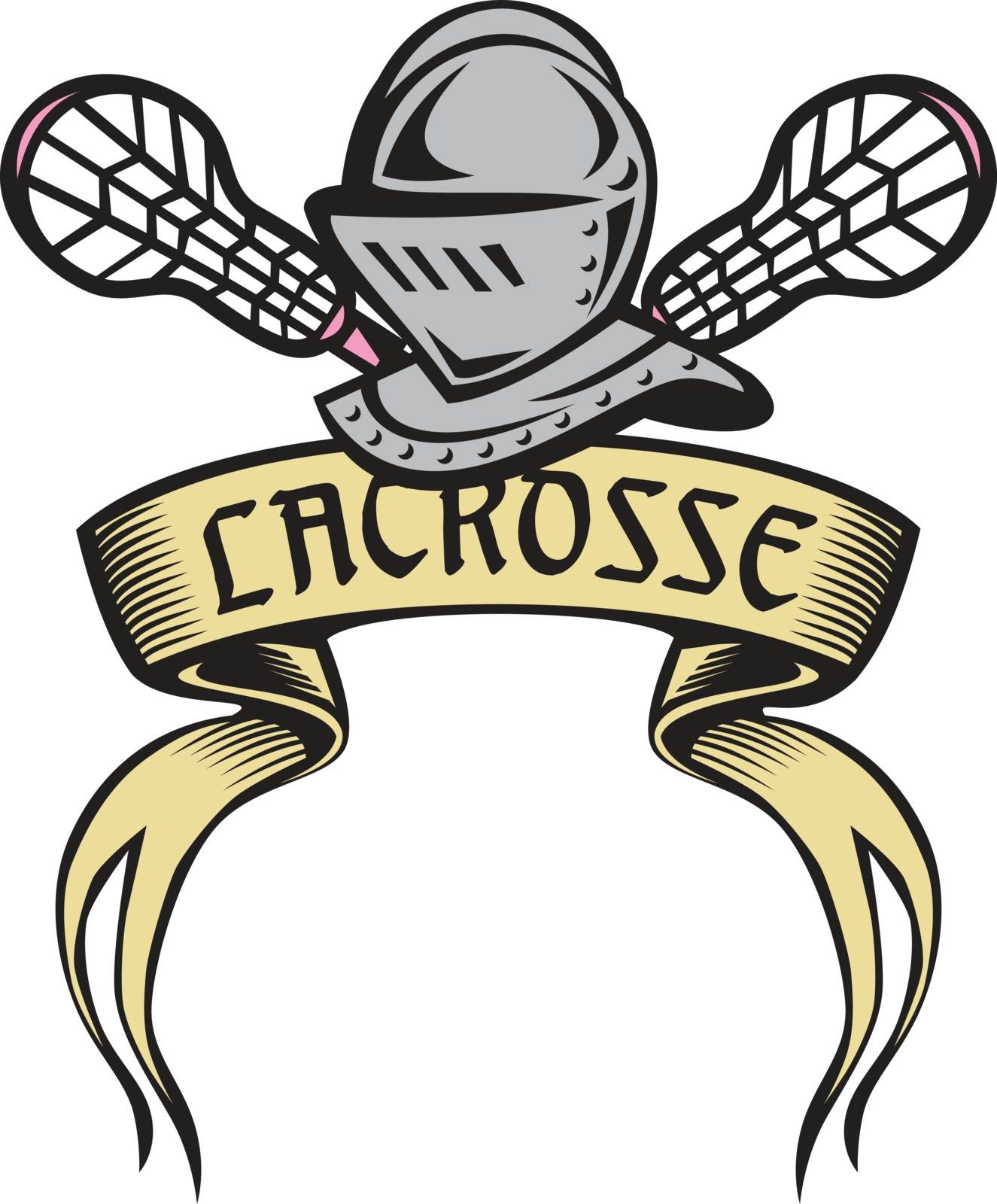 Illustration of a knight armor helmet with crossed lacrosse stick set on isolated white background the word text Lacrosse written in ribbon. 

